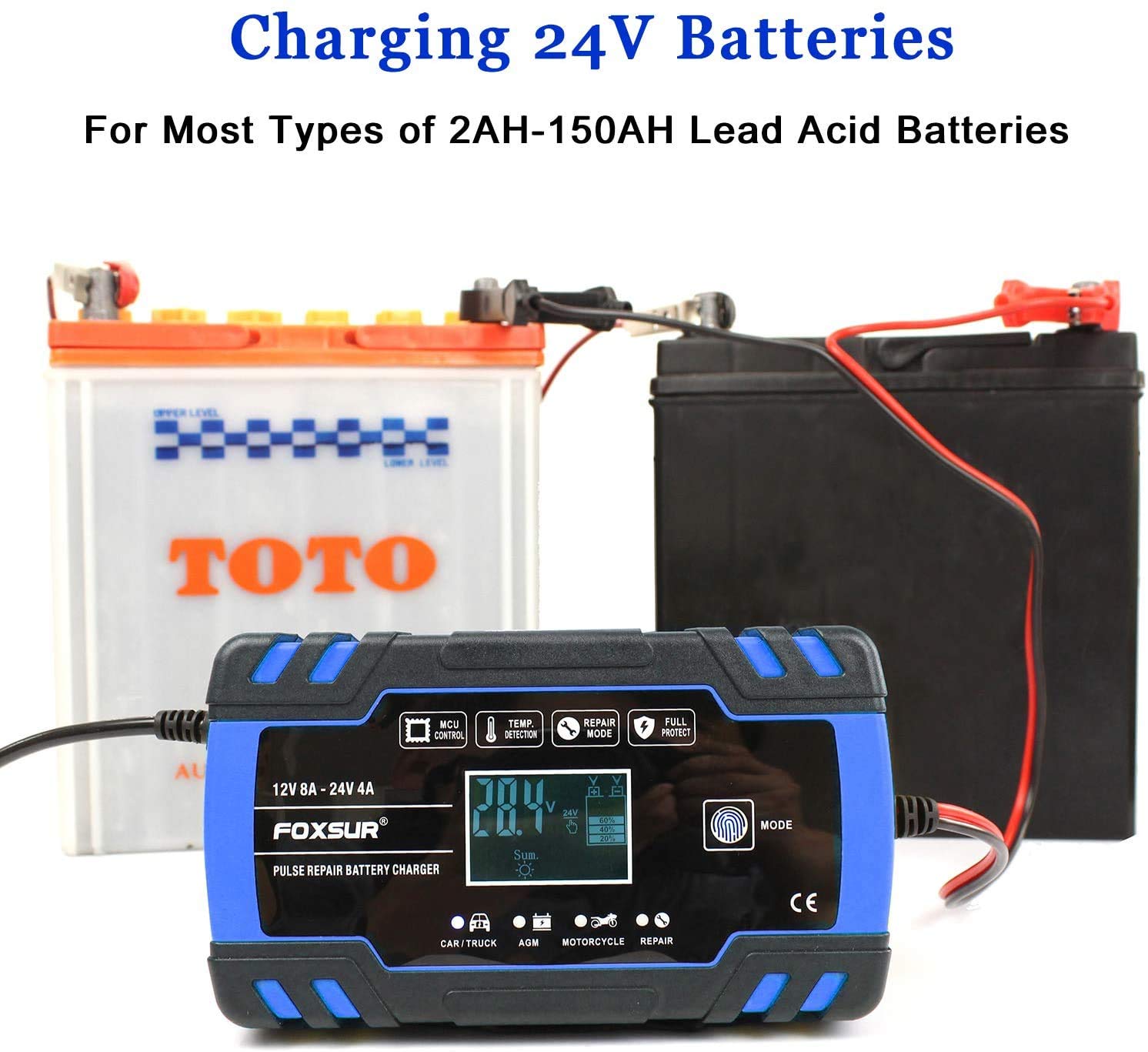 12V/24V 8A Smart Car Battery Charger with LCD - for Cars, Boats, RVs