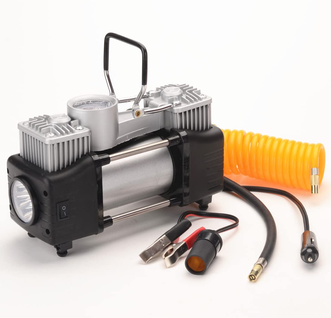 FLZOSPER 6-Piece Heavy Duty 12V DC Metal Air Compressor Kit - 150PSI Dual Cylinder Tire Inflator Pump with Adapters for Car, Truck, SUV Tires, Inflatables & Air Mattresses (Silver) - Perfect for Roadside Emergencies, Camping & Home Use