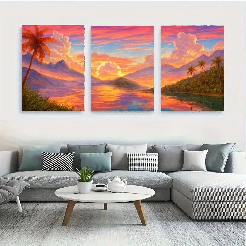3-Piece Vibrant Sunset Over Calm Lake Metal Wall Art - Ready to Hang, Durable & Waterproof - Perfect for Living Room, Bedroom, or Office Decor