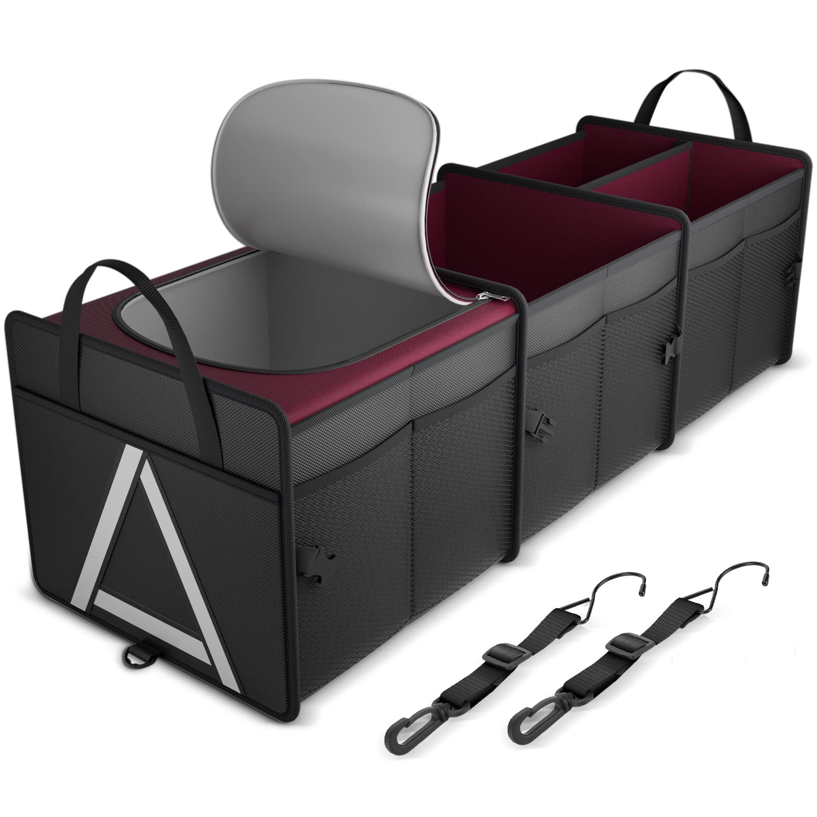 Premium Insulated Car Trunk Organizer with Cooler Bag - Heavy Duty Collapsible Storage for SUV, Truck & Van - 3 Compartment Auto Organizer (Red) - Perfect for Road Trips, Grocery Shopping & Camping Gear Storage
