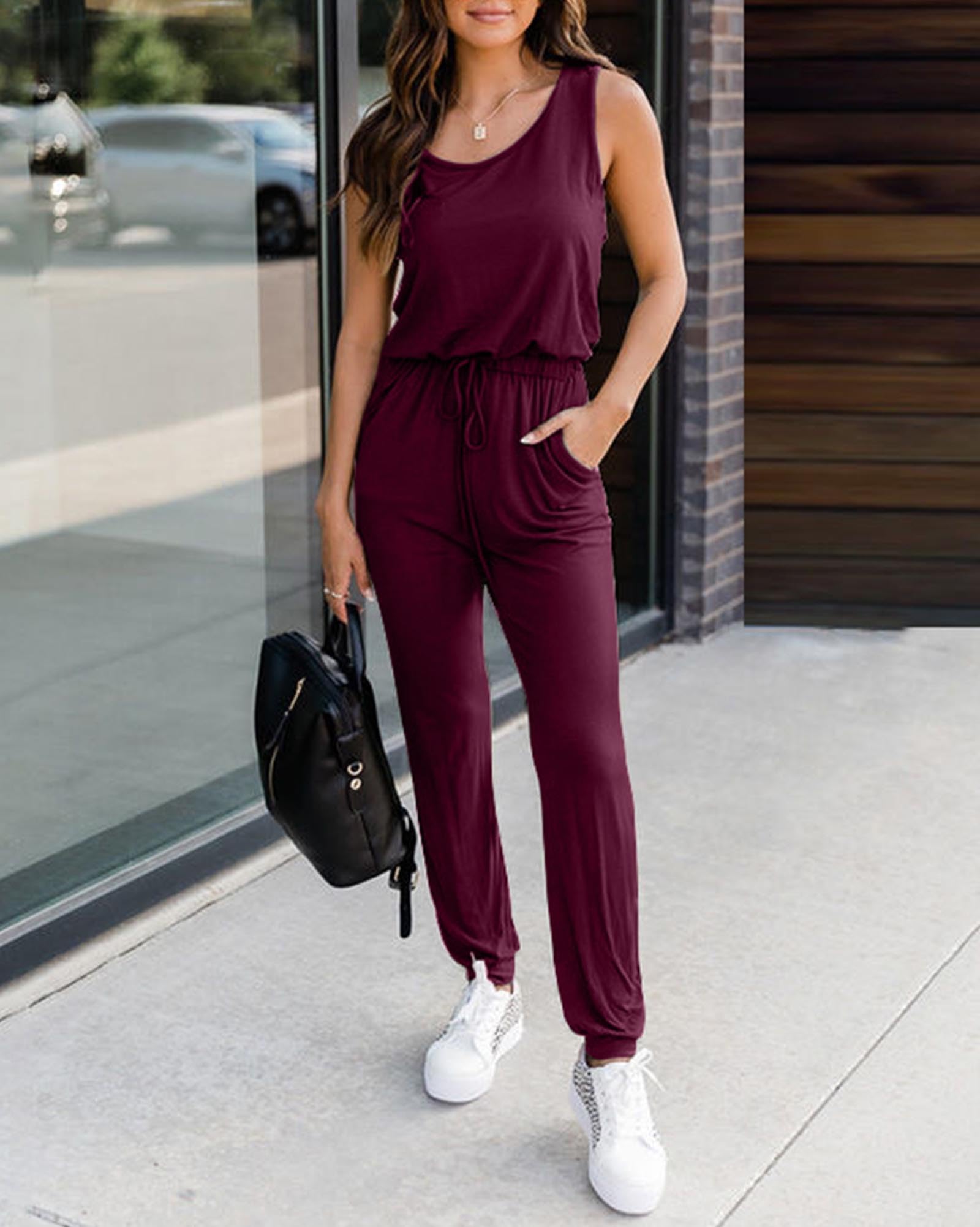 KIRUNDO Women's 2025 Summer Sleeveless Jumpsuit - Casual Elastic Waist Romper with Drawstring & Pockets | Perfect for Beach Vacation, Lounge Wear and Summer Outfits