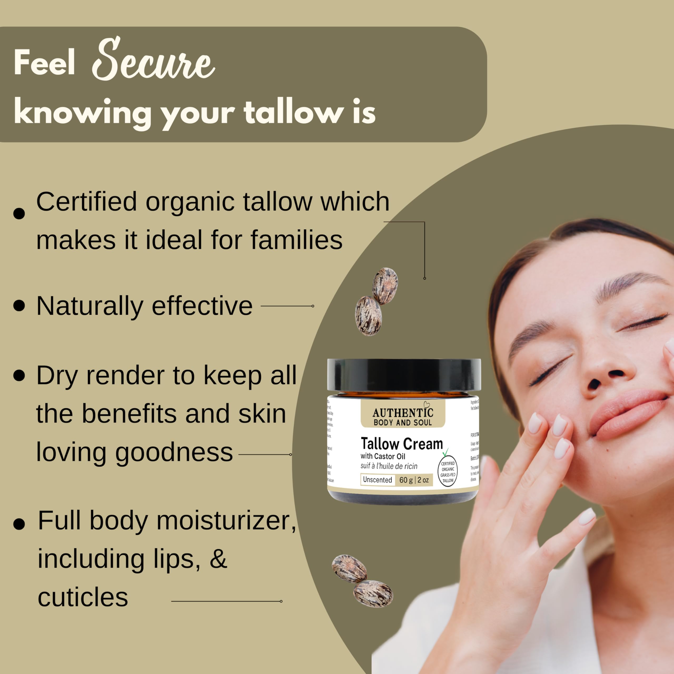 Organic Grass-Fed Tallow Cream with USP Certified Castor Oil - Natural Face & Body Moisturizer for Sensitive Skin - 2oz Beef Tallow Skincare - AGW Certified - Perfect for Dry Skin, Eczema & Daily Hydration