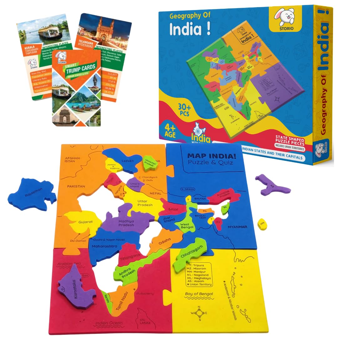 Storio EVA Foam India Map Puzzle for Kids - Educational Geography Learning Toy with Fun Fact Cards - STEM Jigsaw Puzzle for Ages 4-8 - Perfect Birthday Gift for 4-8 Year Old Boys & Girls - Great for Classroom, Homeschool & Family Game Night