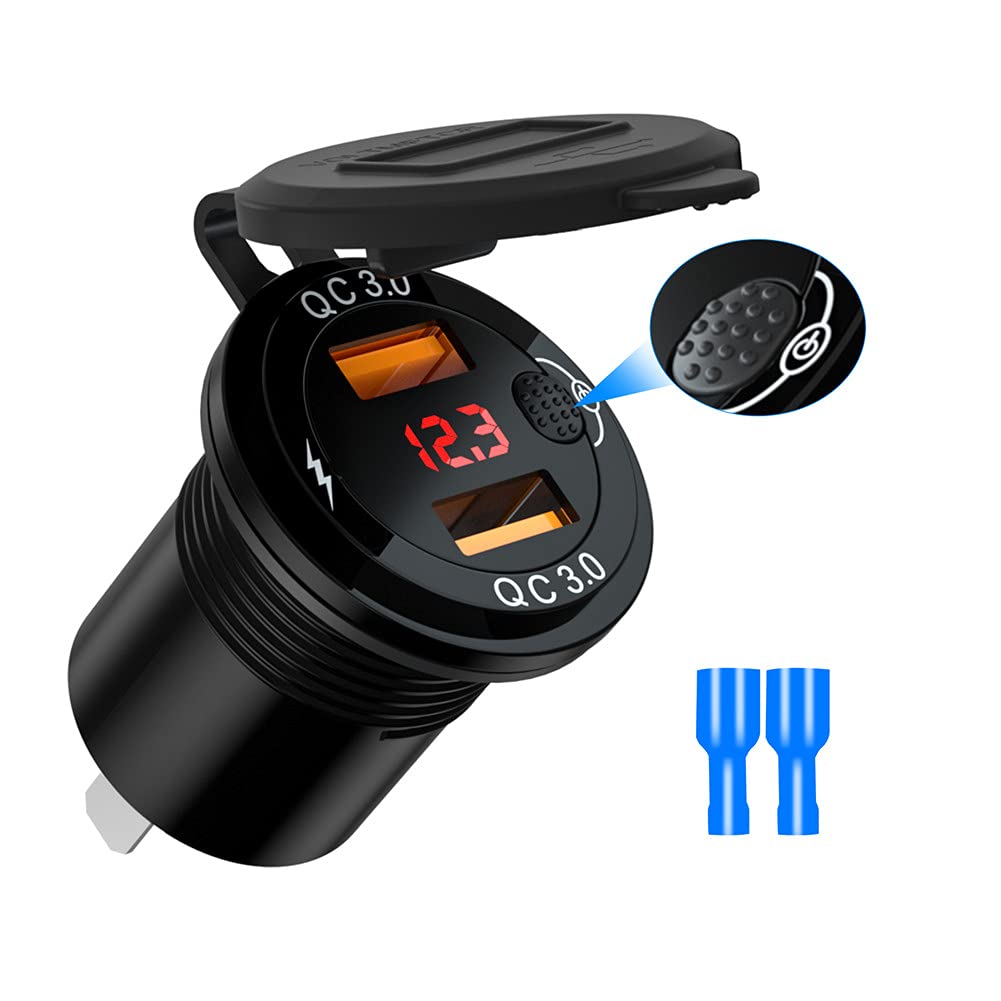 12V-24V Dual USB Car Fast Charger with Voltmeter & Mechanical Switch - Aluminum Alloy Multi-Function Car Charger for Road Trips & Daily Commutes