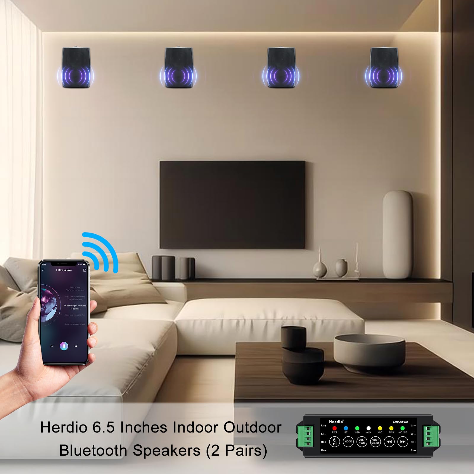 Herdio 6.5 Inch 800W Outdoor Waterproof Bluetooth Speakers with Amplifier - Wall Mount Wireless/Wired Patio Speakers for Home, Pool, Deck, Backyard (4 Pack, Black) | Perfect for Parties, BBQs, and Outdoor Entertainment