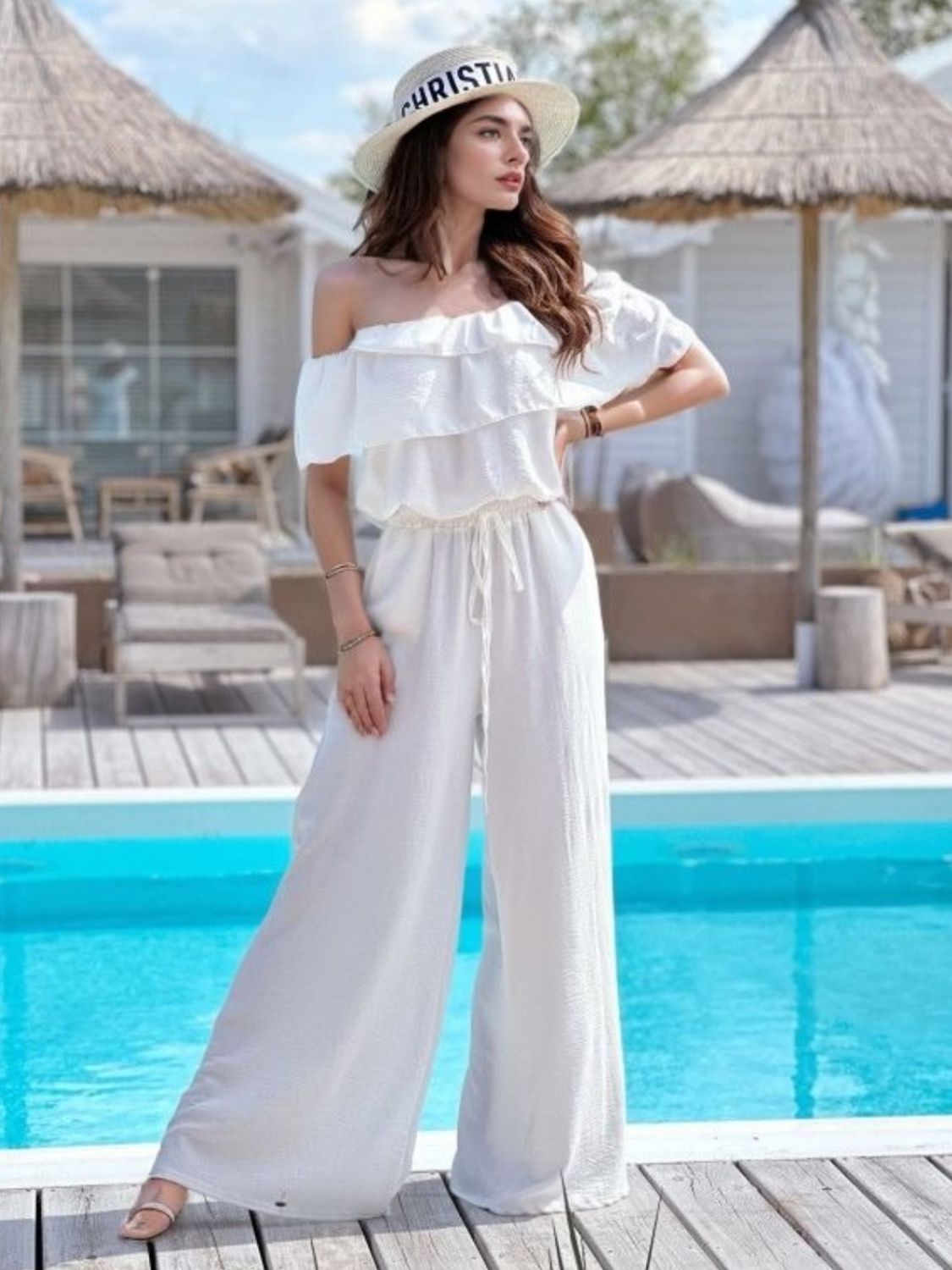 Elegant Ruffled Off-Shoulder Wide Leg Jumpsuit for Women - Perfect for Beach Vacations, Summer Resorts & Boho Chic Outfits