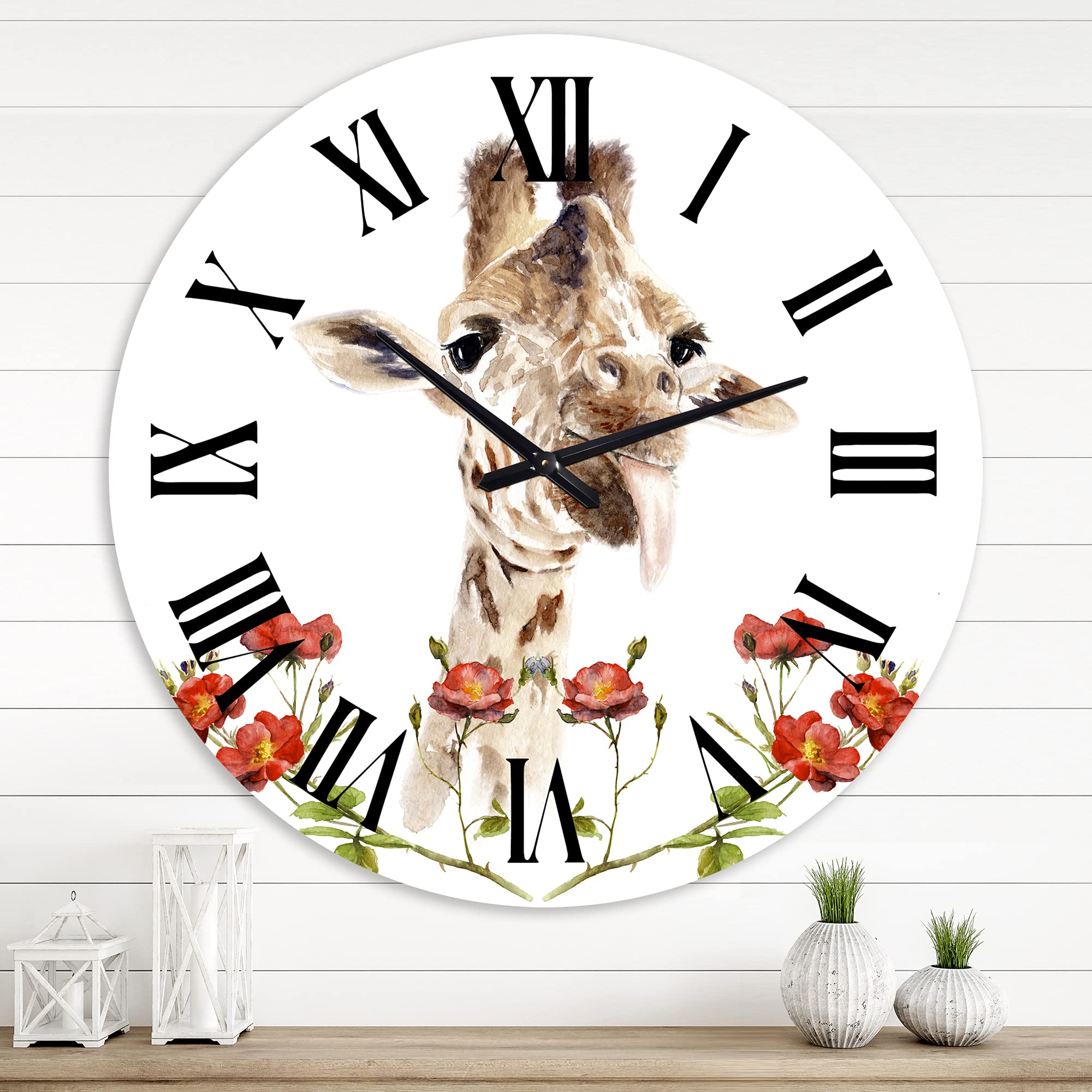 Farmhouse Wall Clock 'Portrait of A Giraffe with Flowers II' - Large Animal Wall Clock for Living Room, Bedroom & Office Decor - Rustic Home Décor Gift Idea