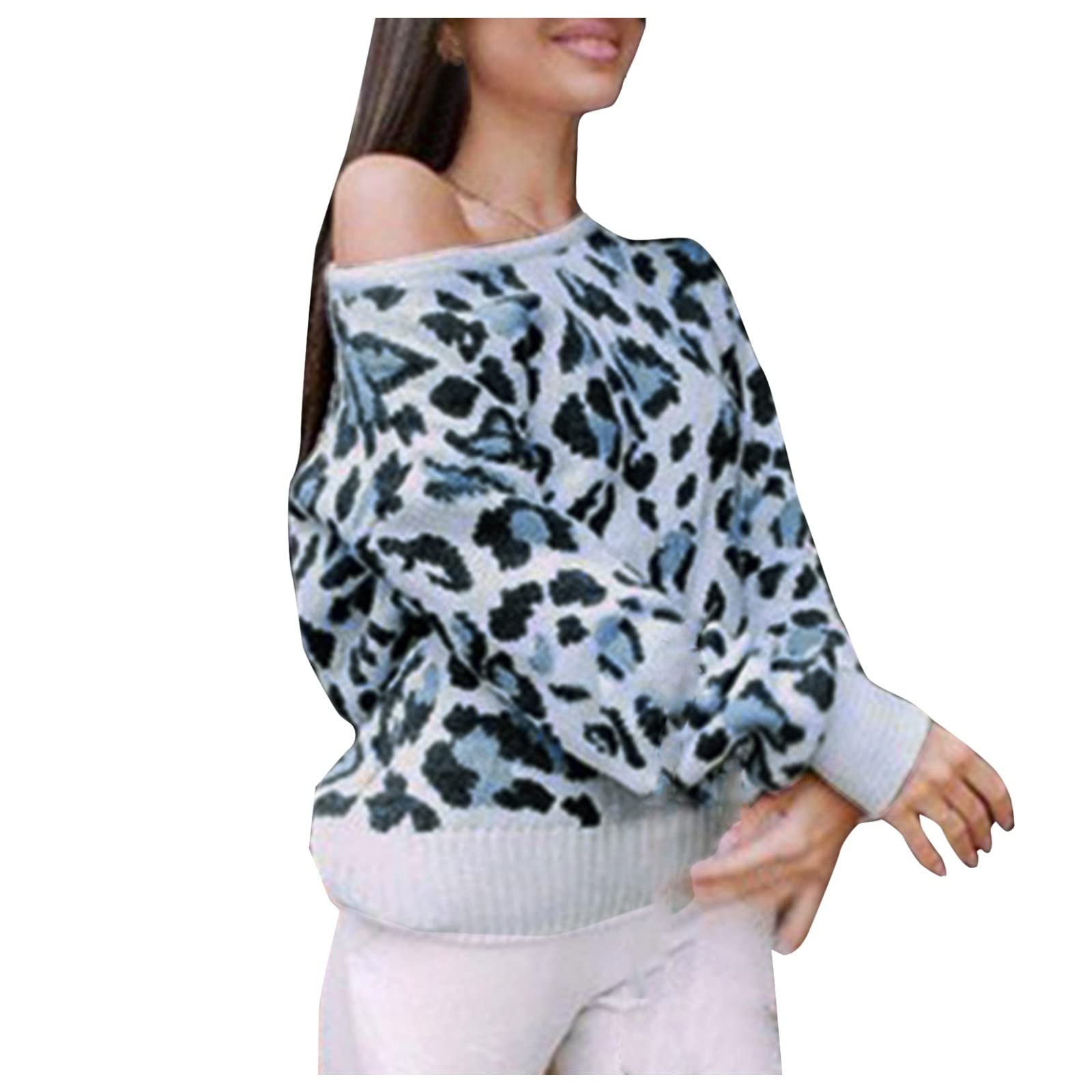 FMCHICO Women's Leopard Print Sweatshirt - Off Shoulder Long Sleeve Crewneck Pullover Blouse with Jacquard Fit | Casual Wear for Fall, Date Night & Street Style Fashion