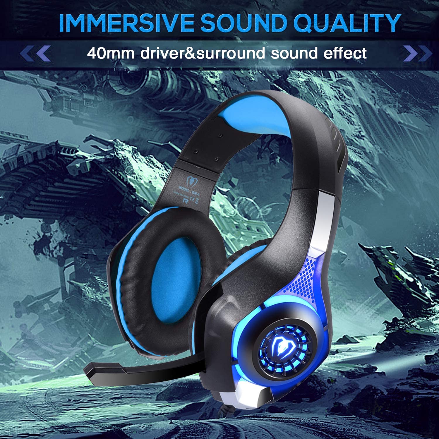 BlueFire Gaming Headset for Xbox One, PS4, PC & Laptop - Wired 3.5mm Jack Headphones with LED Lights, Noise-Canceling Mic & Stereo Bass - Perfect for Gaming, Streaming & Online Classes (Blue)