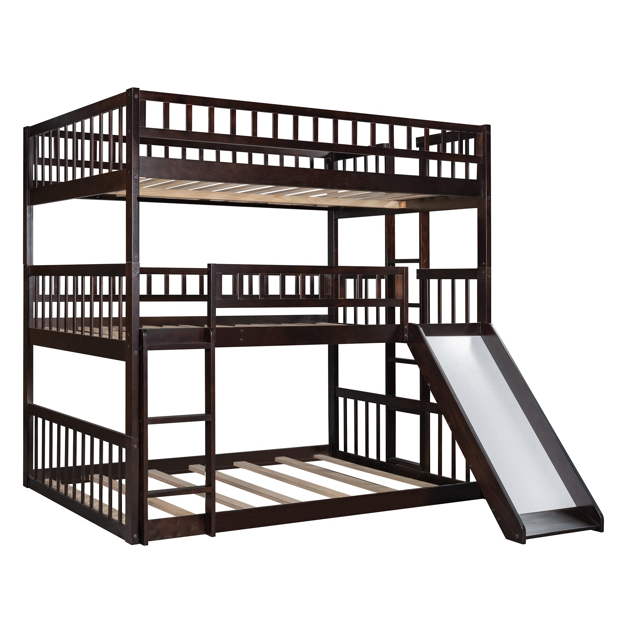 Harper & Bright Designs Triple Bunk Bed with Slide - Full Over Full Over Full 3 Tier Bunk Bed with Built-in Ladder & Safety Guardrails for Kids Teens - Espresso Finish - Perfect for Small Bedrooms, Vacation Homes & Sleepovers