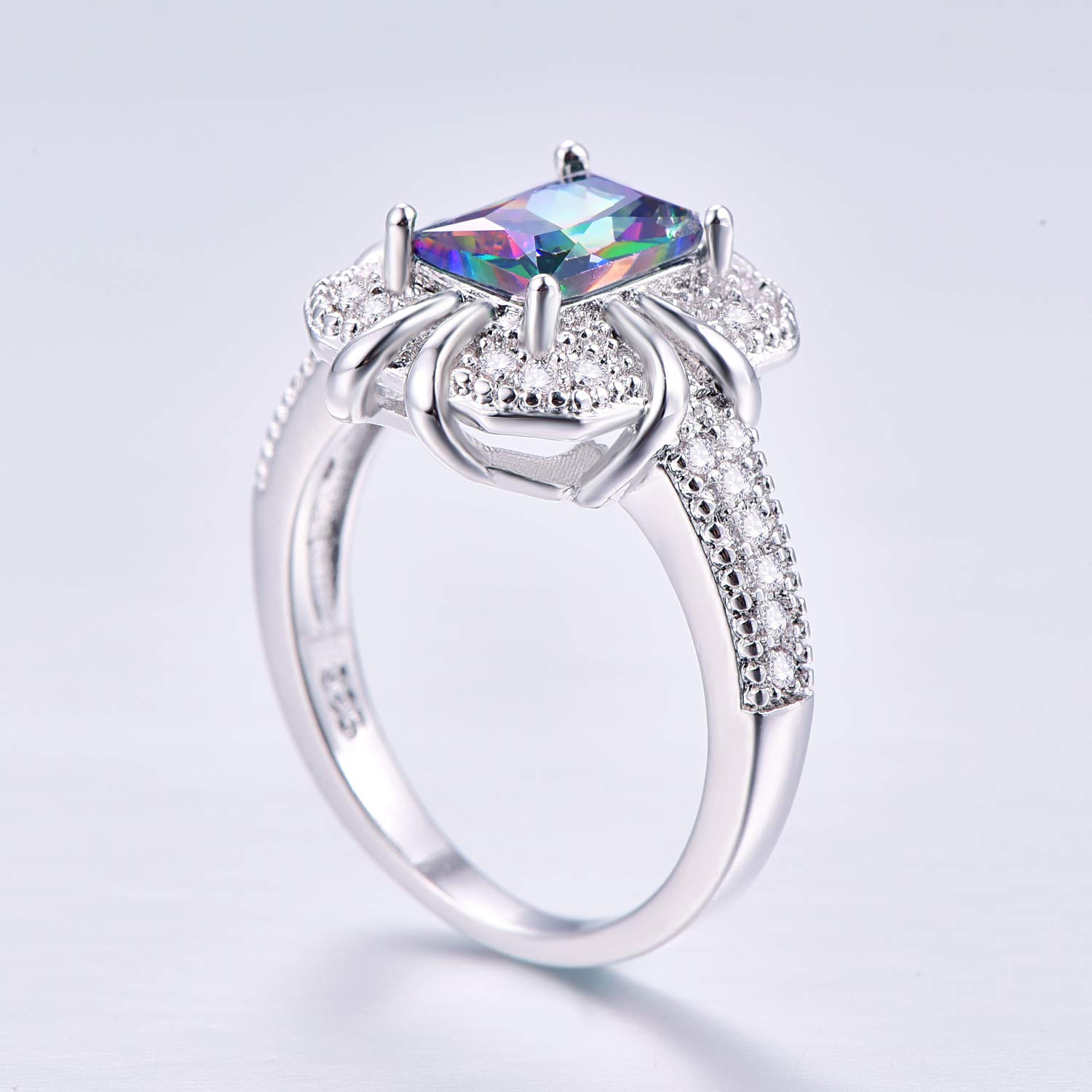 925 Sterling Silver Plated Emerald Quartz Radiant Cut Halo Ring for Women - Wedding, Engagement, Anniversary & Cocktail Party Jewelry Gift (Size 6) | Elegant Stackable Band for Everyday Wear & Special Occasions