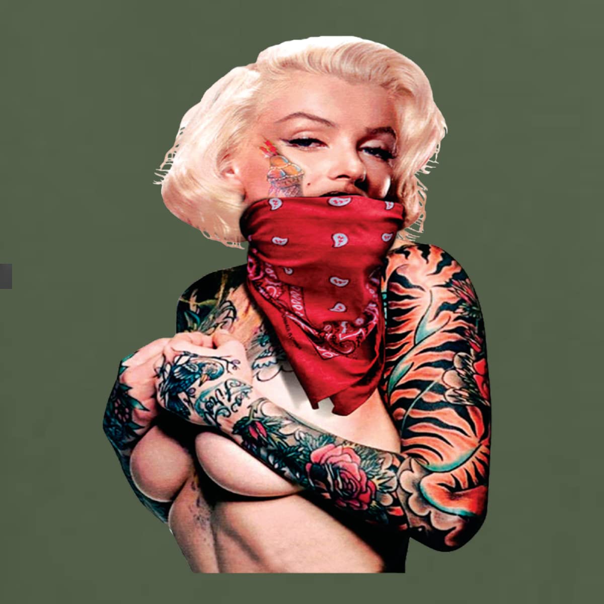 Vintage Marilyn Monroe Tattoo Face Red Bandana Graphic T-Shirt for Men - Retro Pop Culture Tee for Casual Wear & Street Fashion