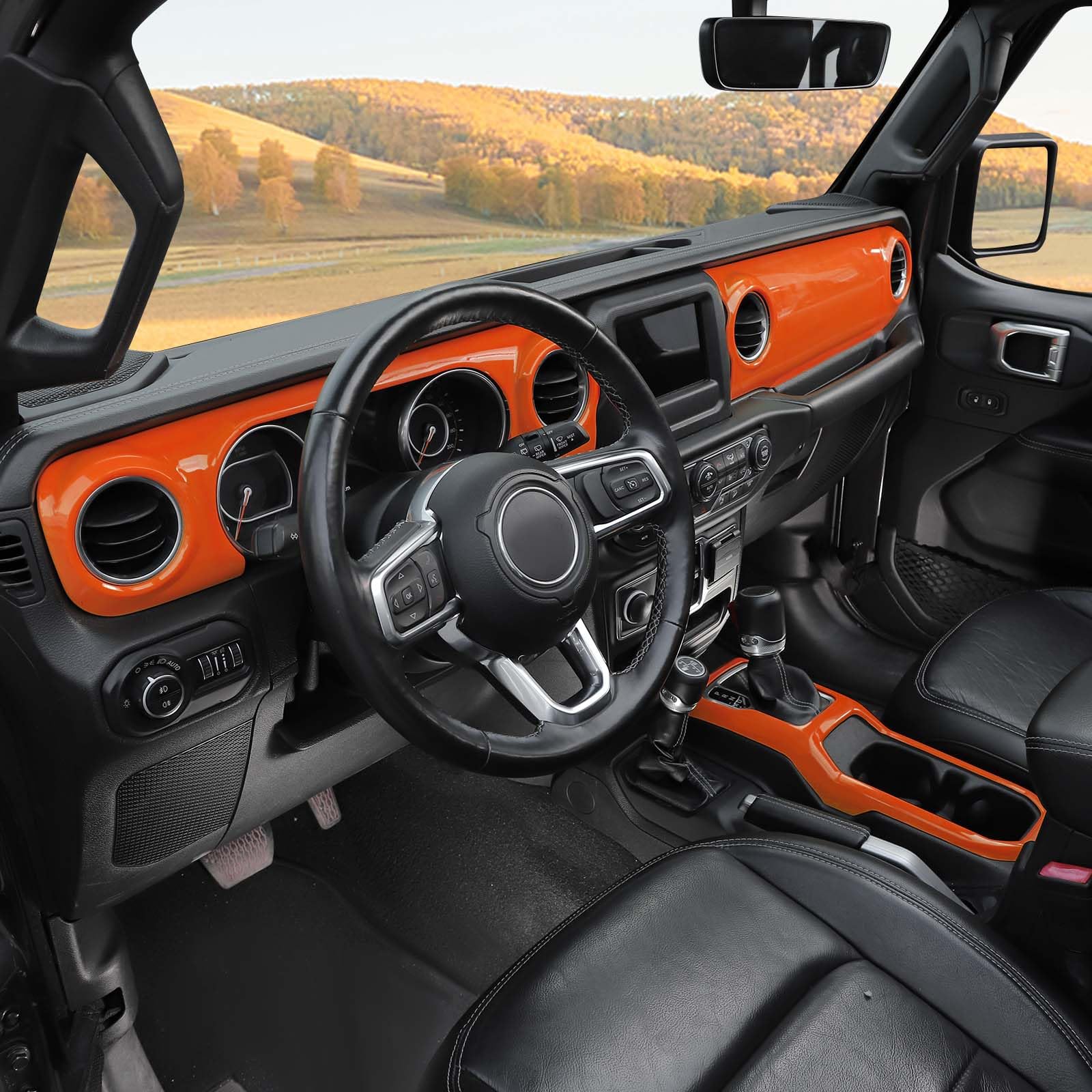 RT-TCZ Orange Dash Trim Cover & Gear Shift Panel Frame for Jeep Wrangler JL/JLU/Gladiator JT (2018-2023) - 3pc Interior Accessories Kit - Upgrade Your Ride's Style for Off-Road Adventures & Daily Commutes