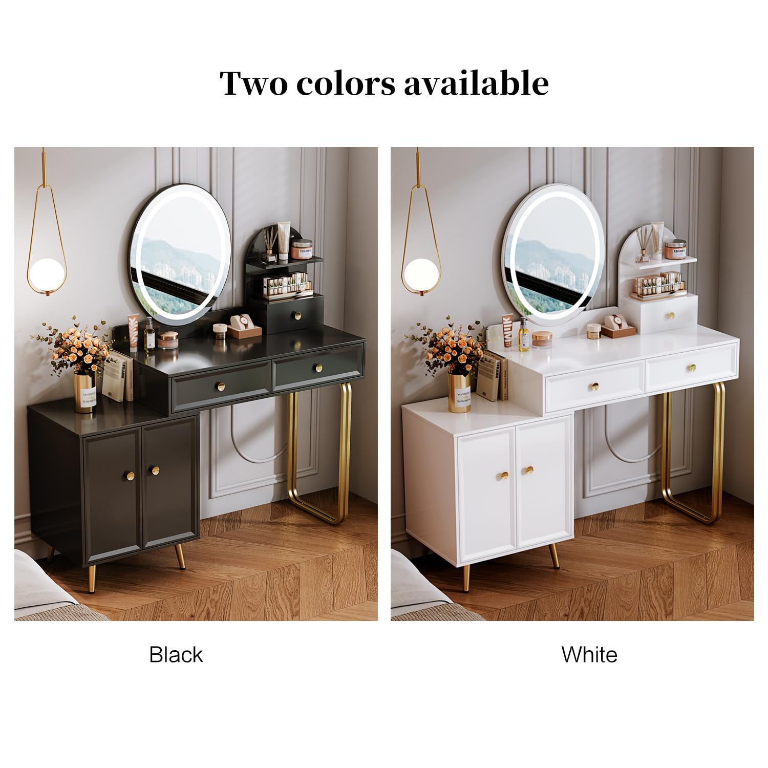 Modern Vanity Desk with Mirror & LED Lights - Small Makeup Table with 2 Spacious Drawers & Adjustable Cabinet - Elegant Dressing Table for Bedroom, Makeup Room, Home Office or Writing Desk - Perfect for Daily Beauty Routine & Workspace Organization