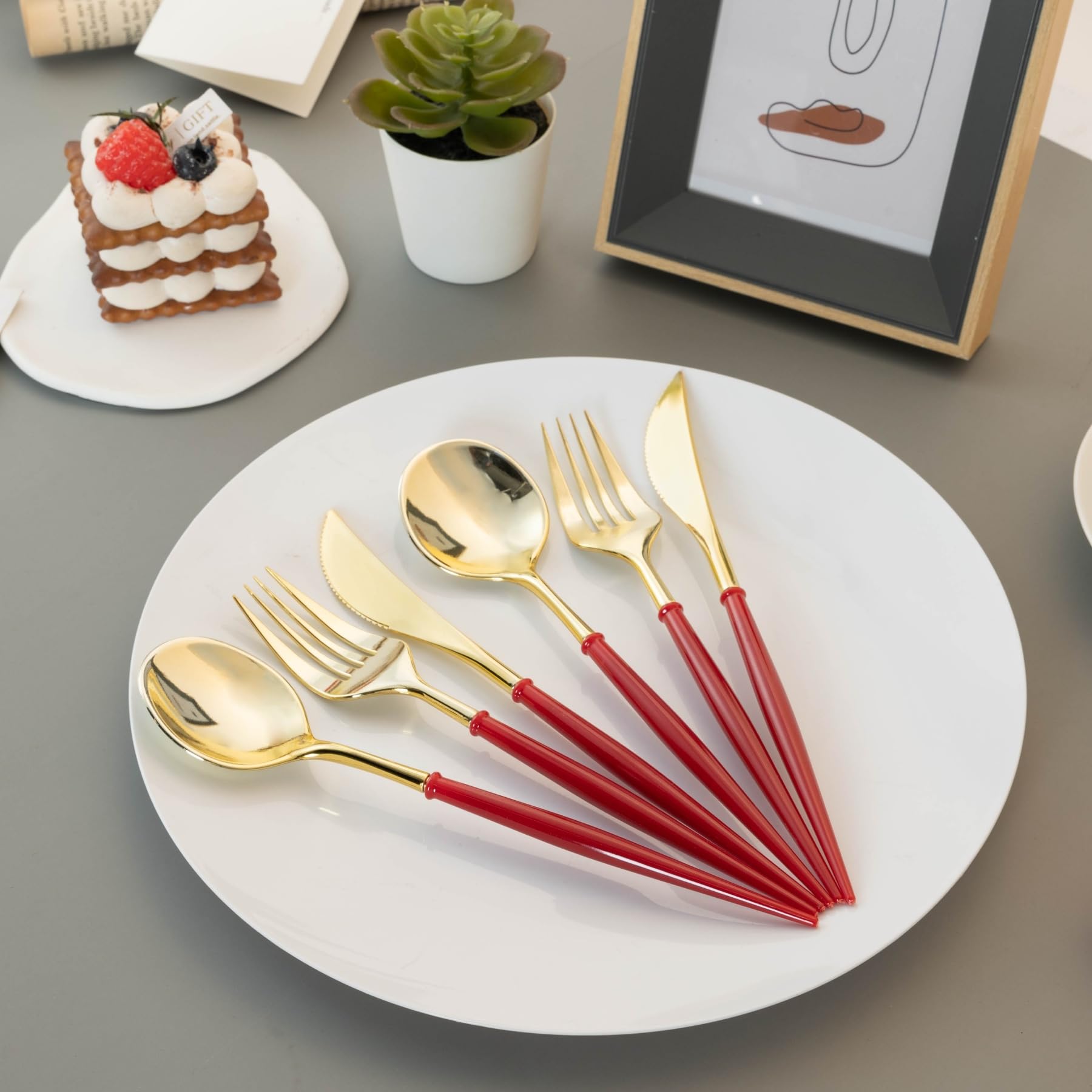 Premium 150-Piece Gold Plastic Cutlery Set - Heavy Duty Disposable Silverware with Burgundy Handle (50 Spoons, 50 Forks, 50 Knives) for Wedding Receptions, Birthday Parties, Catering Events & Elegant Dinner Gatherings