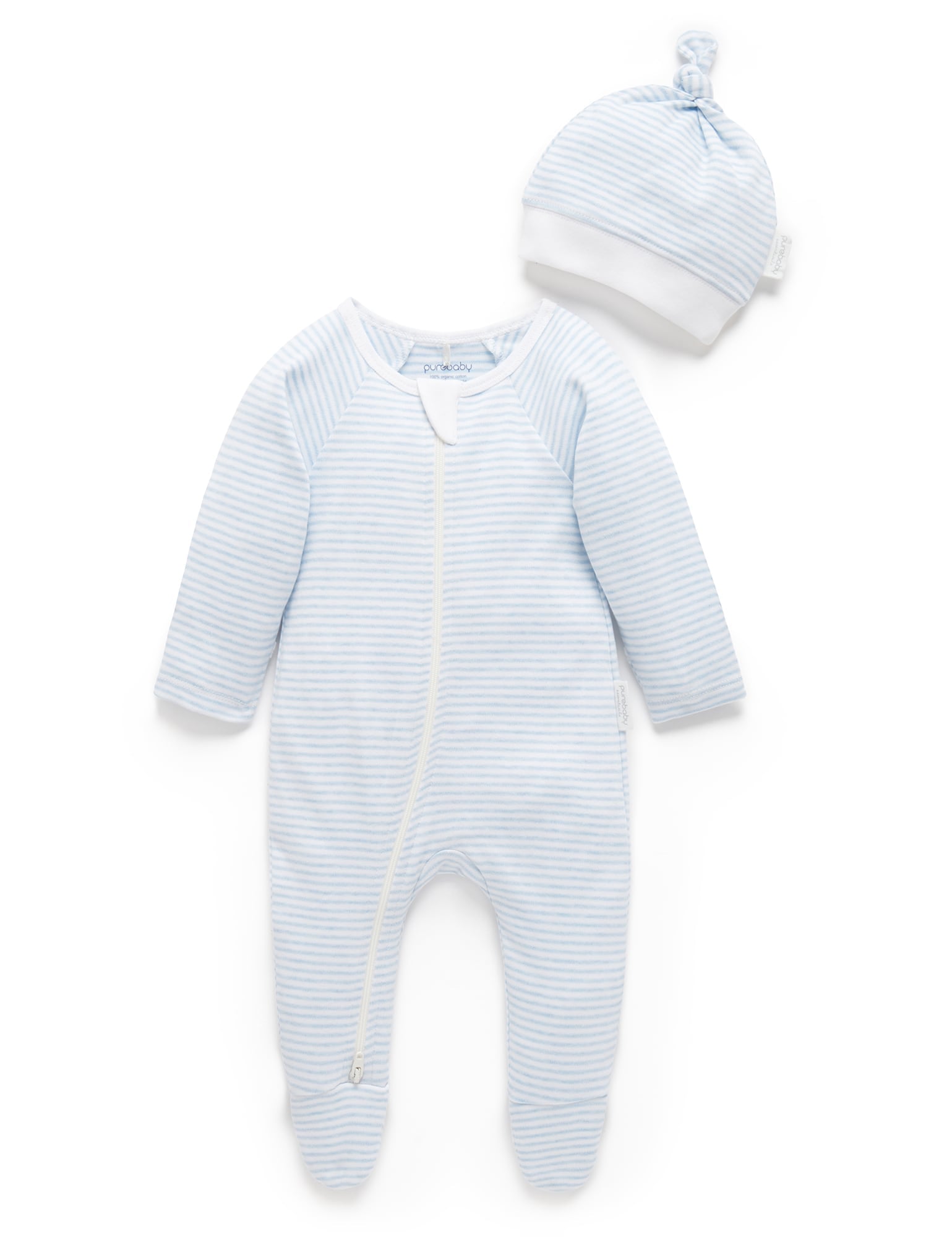 Purebaby Organic Cotton Baby Growsuit & Hat Set - Blue Melange Stripe - Soft & Comfortable Newborn Outfit for Boys & Girls - Perfect for Sleepwear, Photoshoots & Everyday Wear