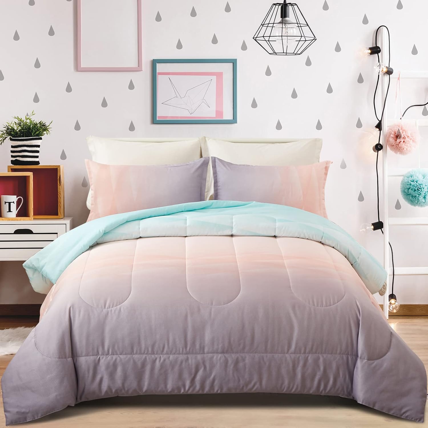 Girls Comforter Set Queen Size - Ombre Blue Pink Rainbow 3 Piece Bedding Collection for Teen Girls Room Decor, Soft & Cozy Bed Set for Kids Bedroom