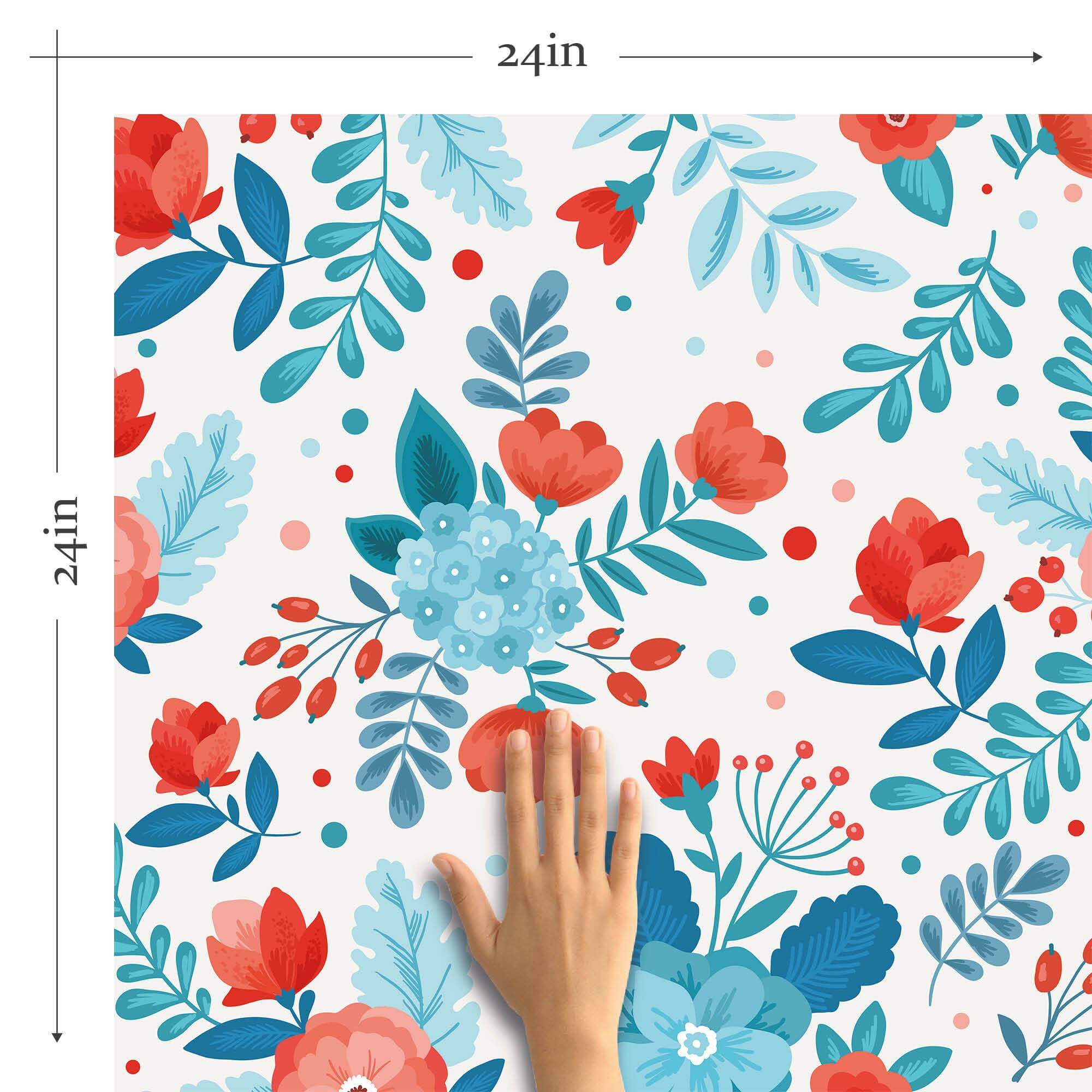 Blue and Orange Floral Peel and Stick Removable Wallpaper 9824 - Self-Adhesive Wall Decor for Bedroom, Living Room, Nursery & Office