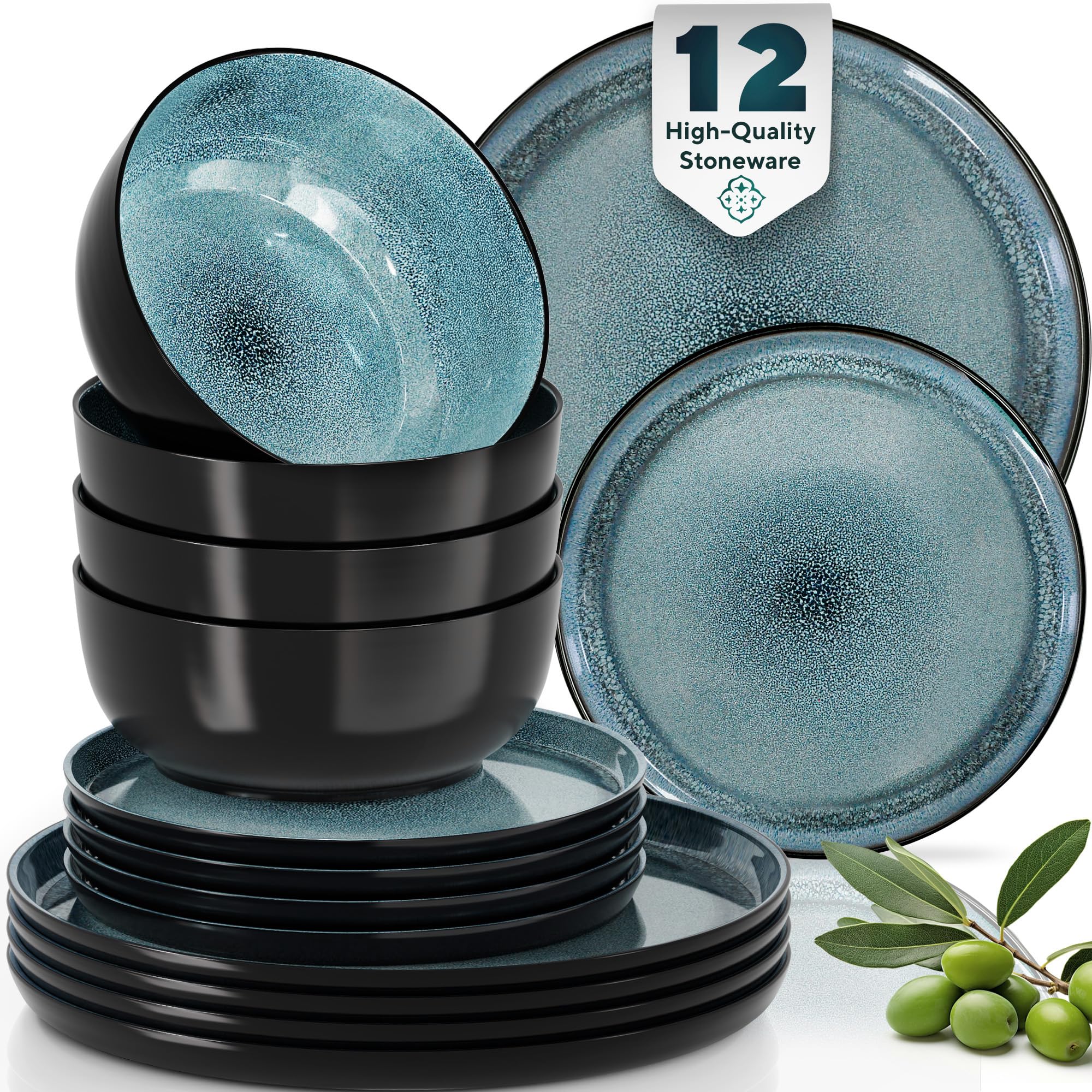 12-Piece Modern Stoneware Dinnerware Set for 4 - Scratch Resistant & Dishwasher Safe Plates & Bowls - Black & Petrol Blue Ceramic Tableware - Perfect for Everyday Dining, Dinner Parties & Family Gatherings