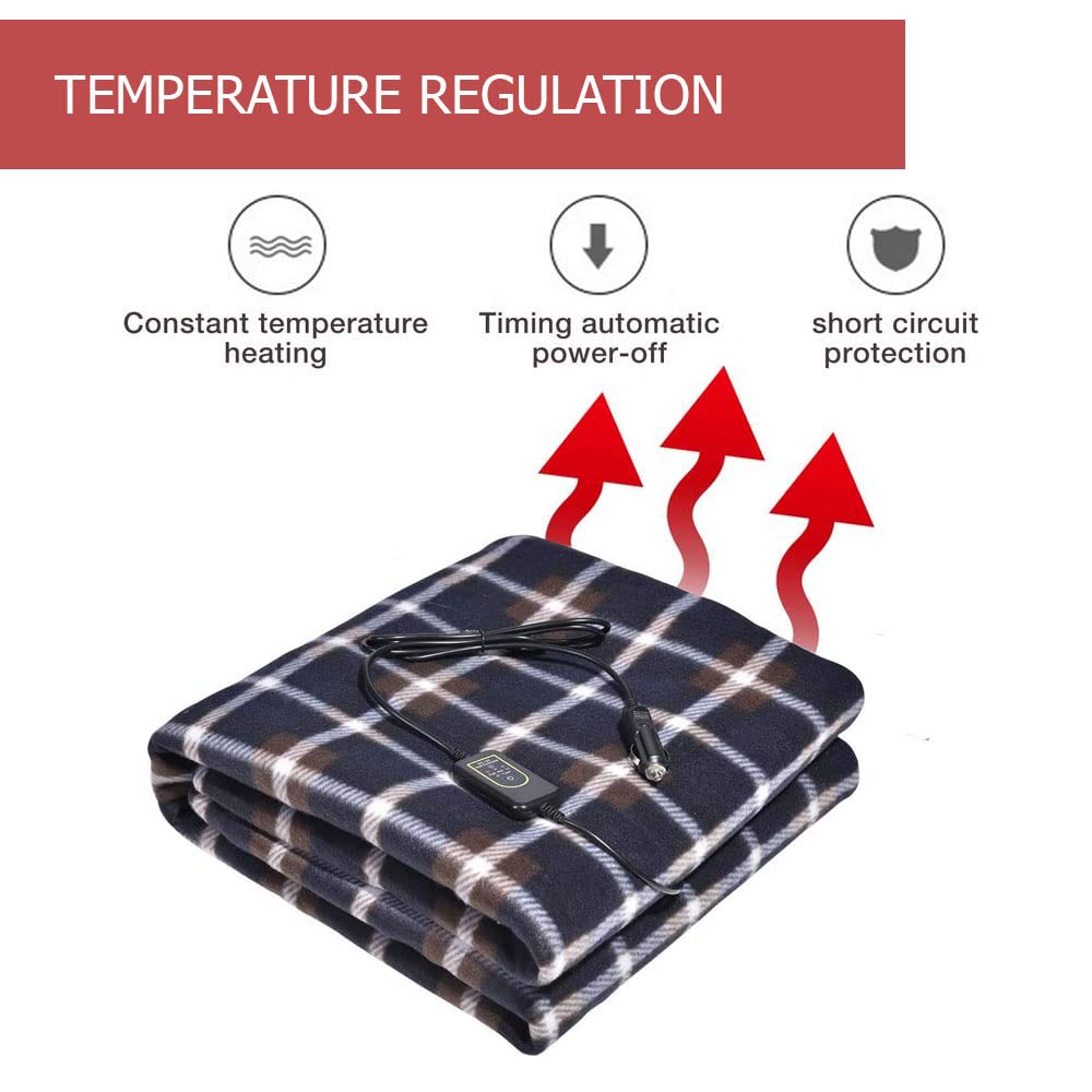 12V Heated Fleece Car Blanket with Adjustable Timer & 3 Heat Levels - Electric Travel Blanket for Cars, Trucks & Road Trips (Green Plaid) - Perfect for Winter Commutes, Camping & Cold Weather Comfort