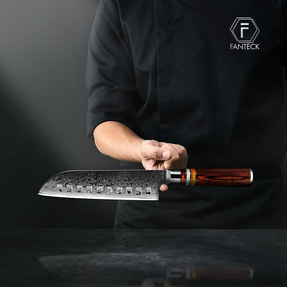 FANTECK 7 Inch Damascus Santoku Knife - Ultra Sharp Japanese VG10 67 Layer Stainless Steel Chef Knife - High Carbon Kitchen Knife for Meat, Fruit & Vegetable Cutting - Pakkawood Handle with Gift Box & Sheath - Perfect for Home Chefs & Cooking Enthusiasts