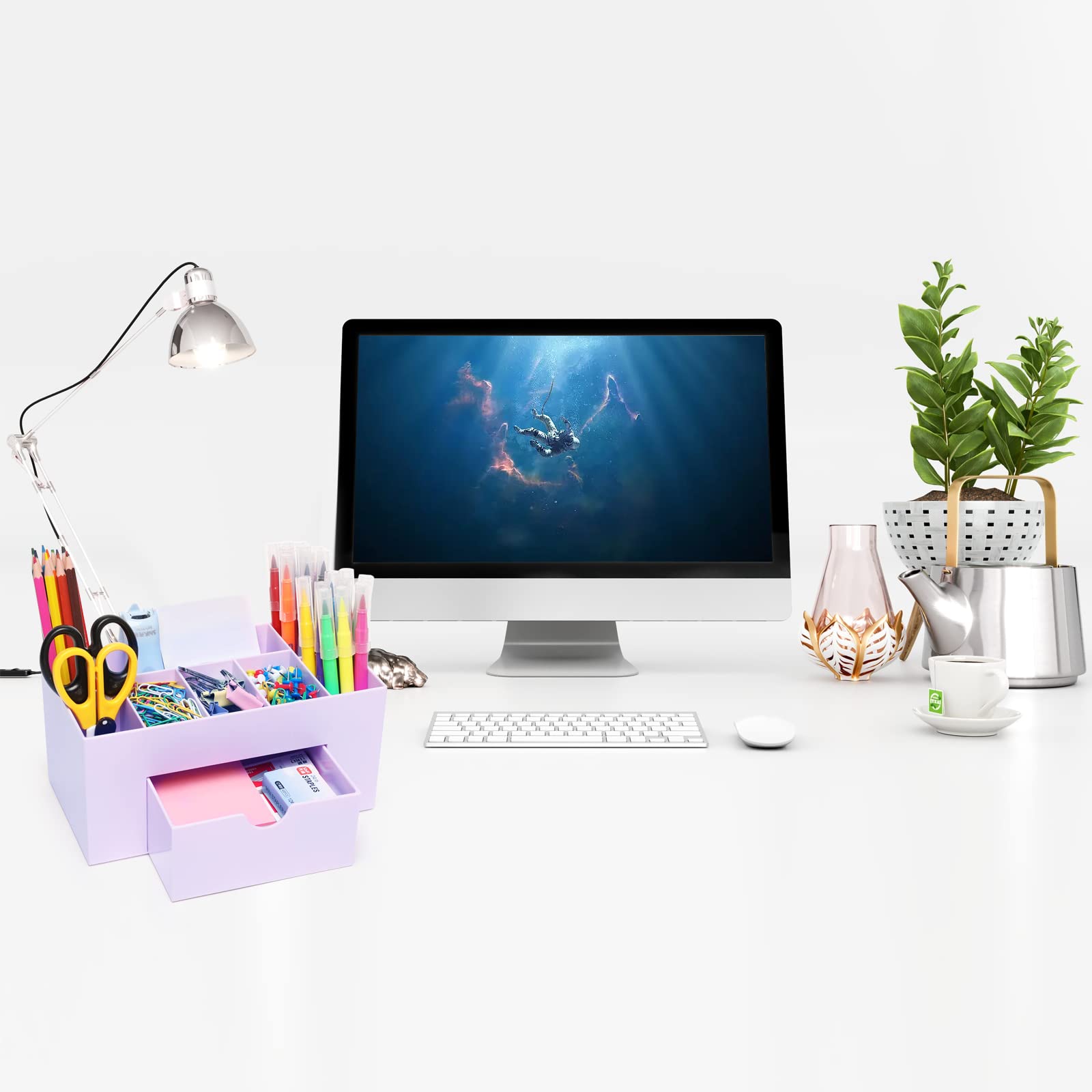 8-Compartment Purple Desk Organizer with Pen Holder & Pencil Cup - Office Supplies for Desk Organization | Perfect for Home, Office & School Workspace Accessories