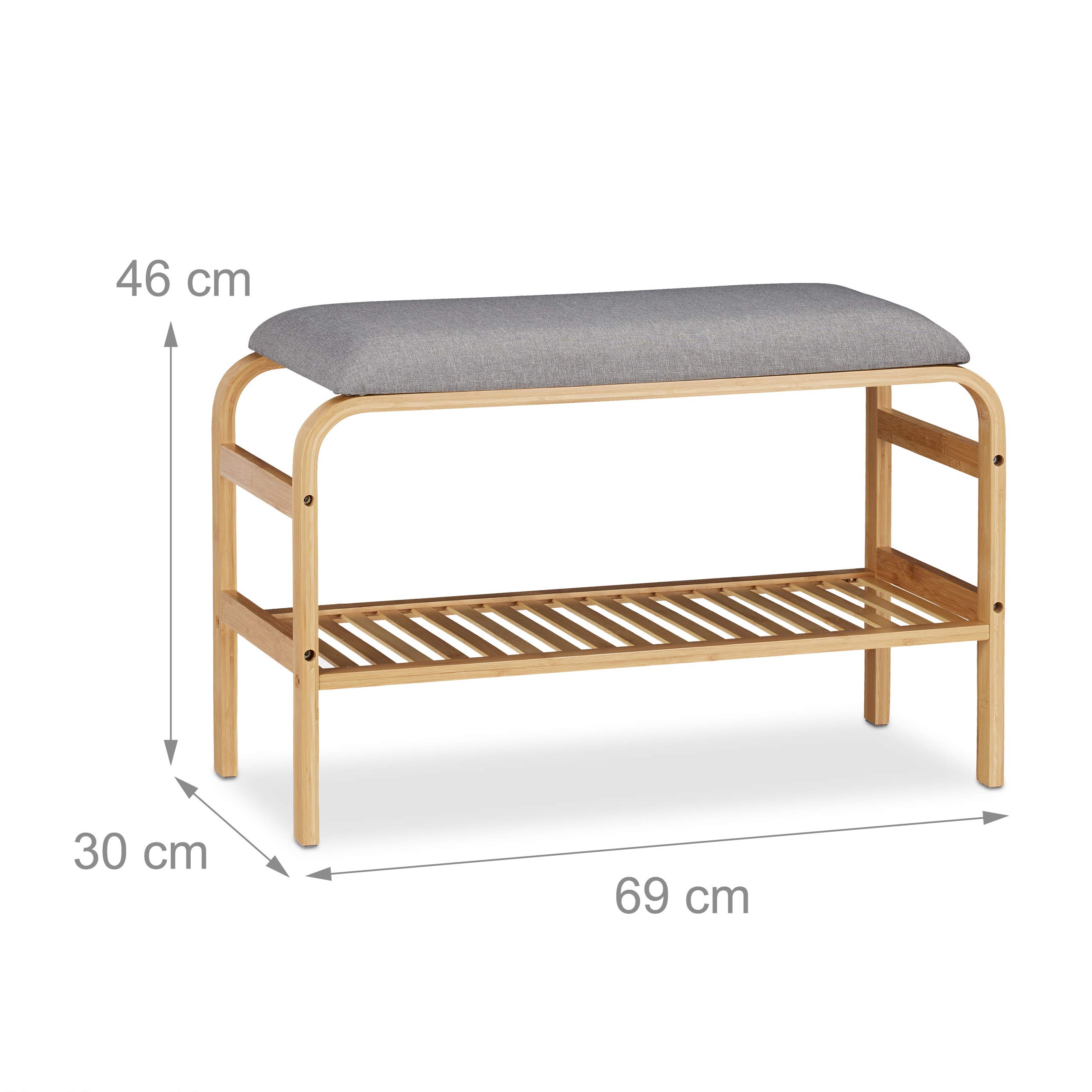 Relaxdays 3-Pair Shoe Bench with Padded Seat - Natural Wood Shoe Storage Organizer for Hallway, Wardrobe & Entryway (HBT 46 x 69 x 30 cm) - Perfect for Small Spaces & Home Organization