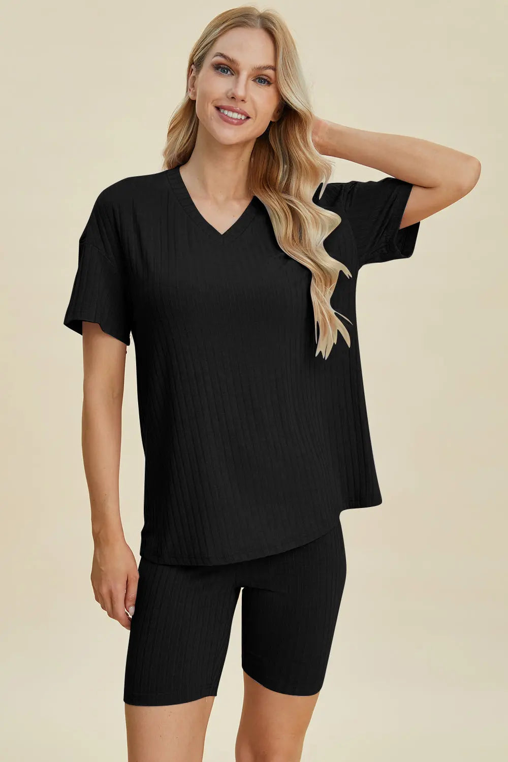 Basic Bae Full Size Ribbed V Neck Short Sleeve Top and Shorts Set - Women's Casual Summer Outfit for Beach, Lounge & Everyday Wear