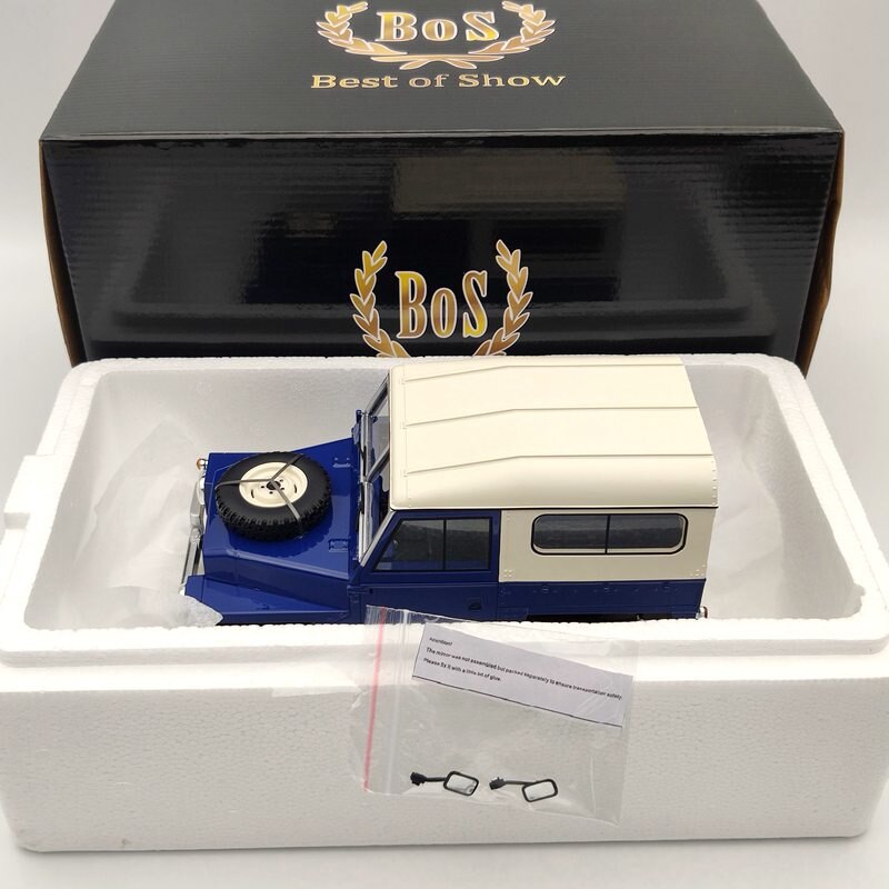 BOS 1/18 Scale Land Rover Series III 1973 Blue & White Resin Model Car - Collectible Diecast Vehicle for Adults, Gift for Car Enthusiasts - Perfect for Display, Home Decor, and Toy Car Collections