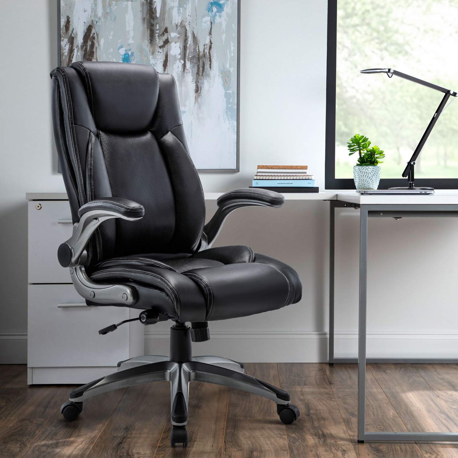 COLAMY Ergonomic High Back Office Chair with Flip-Up Arms - Adjustable Executive Desk Chair with Built-in Lumbar Support - Bonded Leather Computer Chair for Home, School & Office - Perfect for Long Work Hours, Gaming & Remote Work