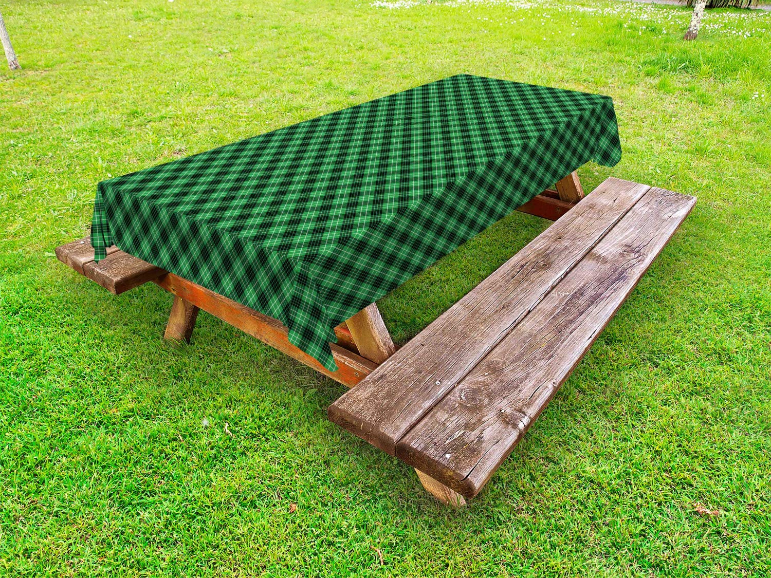 Ambesonne Plaid Outdoor Tablecloth - Vibrant Green Tartan Geometric Design, Washable Picnic Table Cover 58x84 Inches - Perfect for BBQs, Garden Parties & Outdoor Dining (Green Black White Stripes)