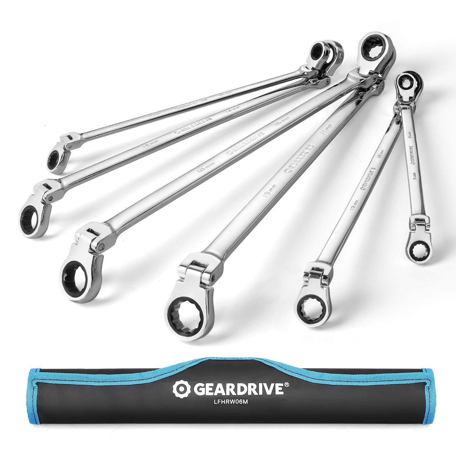 Extra Long Flex-Head Double Box End Ratcheting Wrench Set - 6-Piece Metric (8-19mm) - Chrome Vanadium Steel with Organizer Pouch - Ideal for Automotive Repair, Machinery Maintenance & Tight Spaces