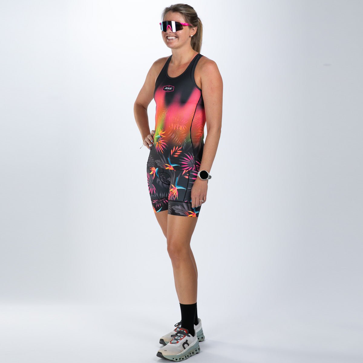 Women's Limited Edition Tri Racerback Sports Bra - Tropical Magic Print - Moisture Wicking & Breathable for Yoga, Running & Gym Workouts