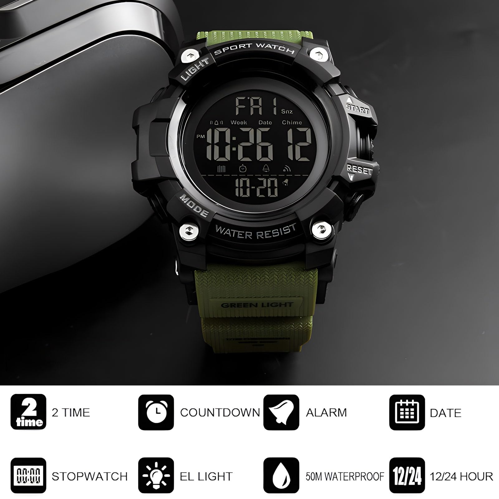 Gosasa Men's Sports Watch - Waterproof Digital LED Watch with Stopwatch, Countdown Timer, 12/24 Hour Display | Perfect for Running, Gym Workouts & Outdoor Activities