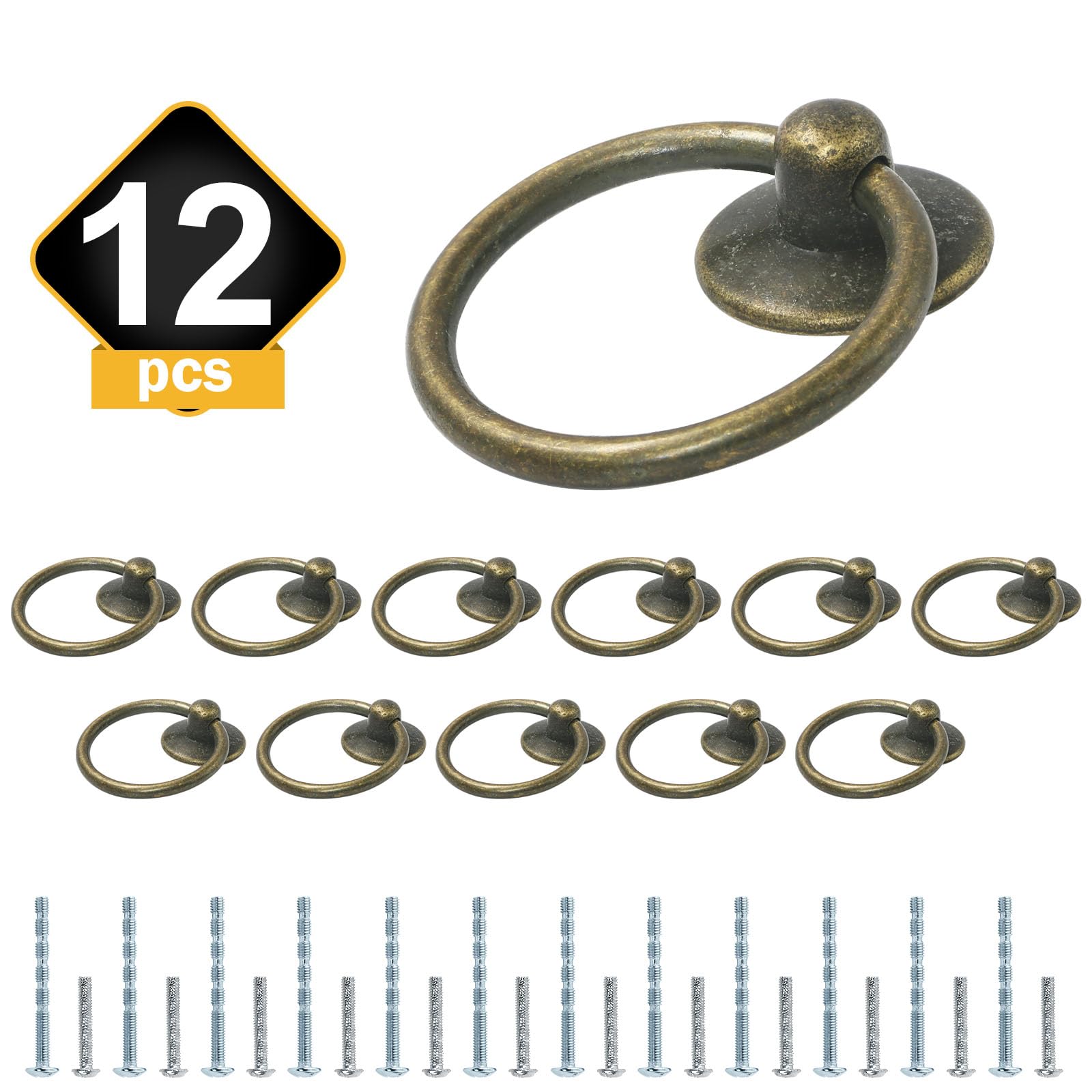12pcs Antique Brass Ring Drawer Pulls - Vintage Cabinet Ring Handles - Solid Metal Drawer Knobs for Dresser, Cupboard, Wardrobe - Perfect for Home Renovation & Furniture Upgrade