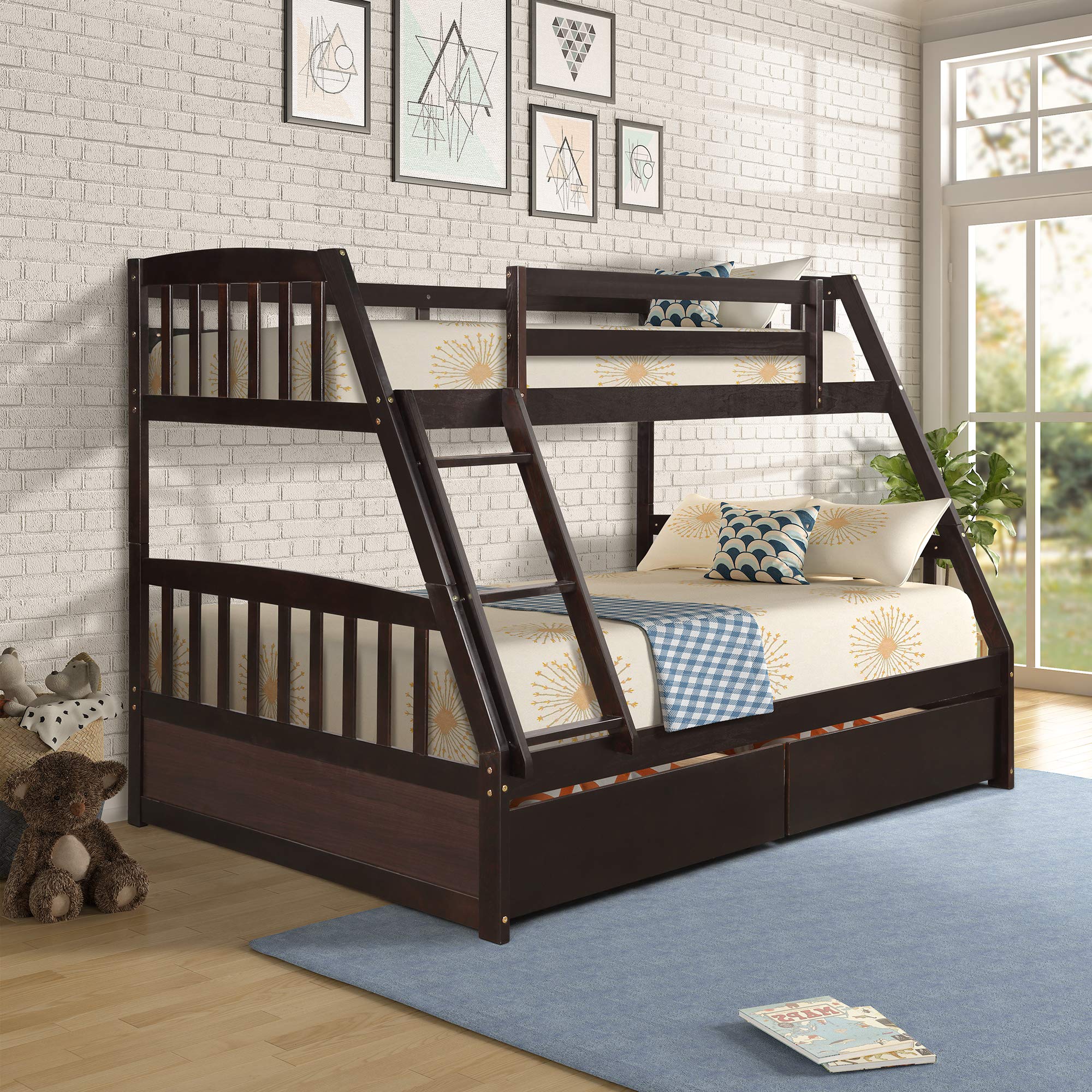 Merax Twin-Over-Full Bunk Bed with Storage Drawers - Convertible to 2 Beds - Espresso Finish for Kids & Teens Rooms