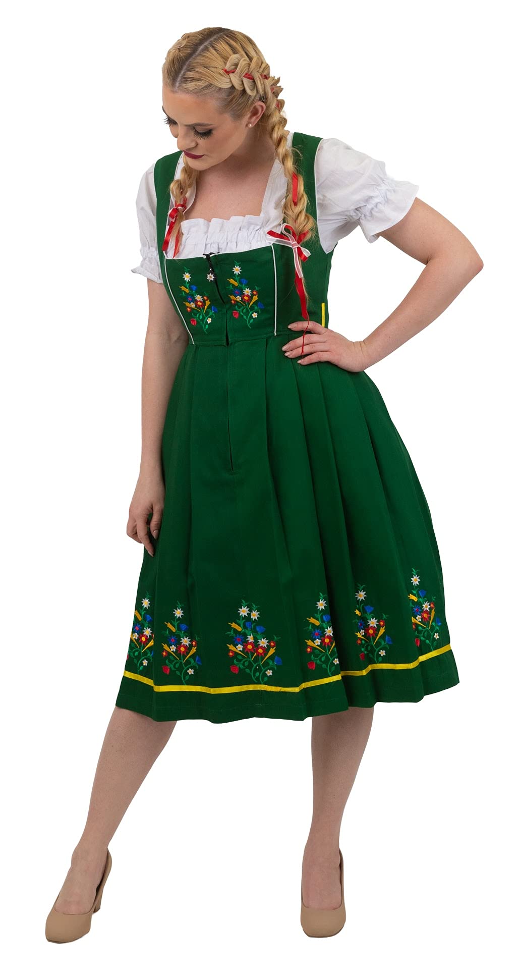 Authentic German Dirndl Dress 3-Piece Set - Long Midi Green Embroidered Oktoberfest Costume with Lace Apron & Crop Top | Traditional Bavarian Outfit for Oktoberfest, Beer Festival & Cultural Events