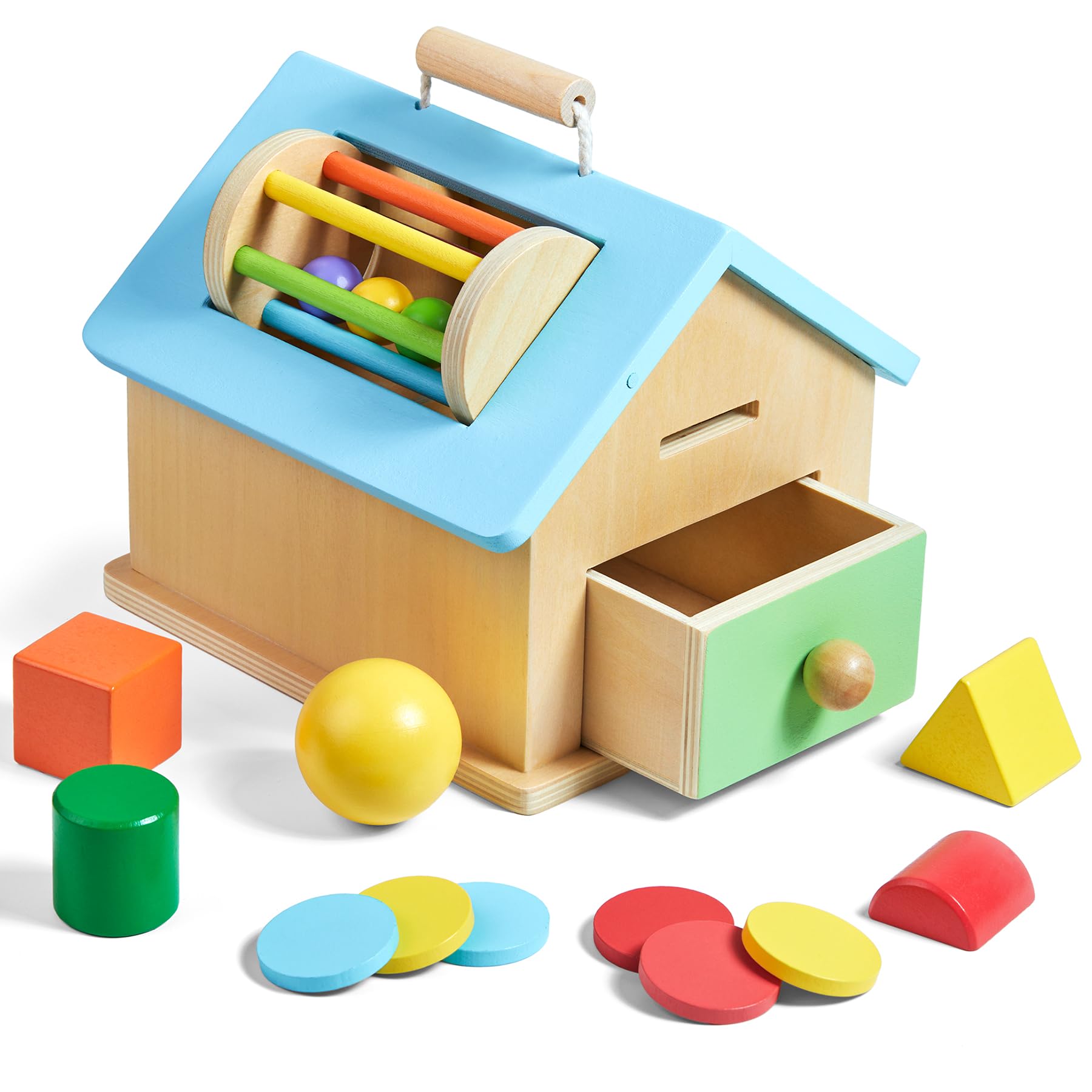 Montessori Wooden Toys for 1 2 3 Year Old Boys & Girls - 5-in-1 Baby Drop Toy with Shape Sorter & Stacking Blocks | Early Learning Educational Toys for Toddlers 12-36 Months | Perfect Gift for Birthday, Christmas & Home Preschool Activities