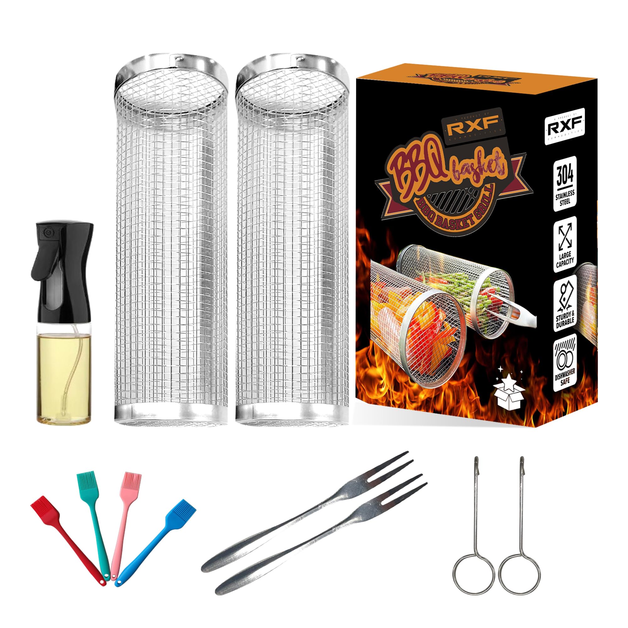 Premium Stainless Steel Grill Baskets Set of 2 - Heavy Duty Rolling BBQ Baskets for Fish, Vegetables, Meat & More - Includes 2 Forks, 2 Hooks, Spray Bottle & 4 Brushes - Perfect for Outdoor Grilling, Camping, Picnics & Backyard BBQs