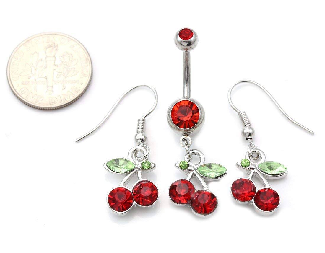 Cherry Belly Button Ring & Dangle Drop Earrings Set - Cute Fruit Charm Fashion Jewelry for Women | Perfect for Summer Outfits, Beach Parties & Casual Wear