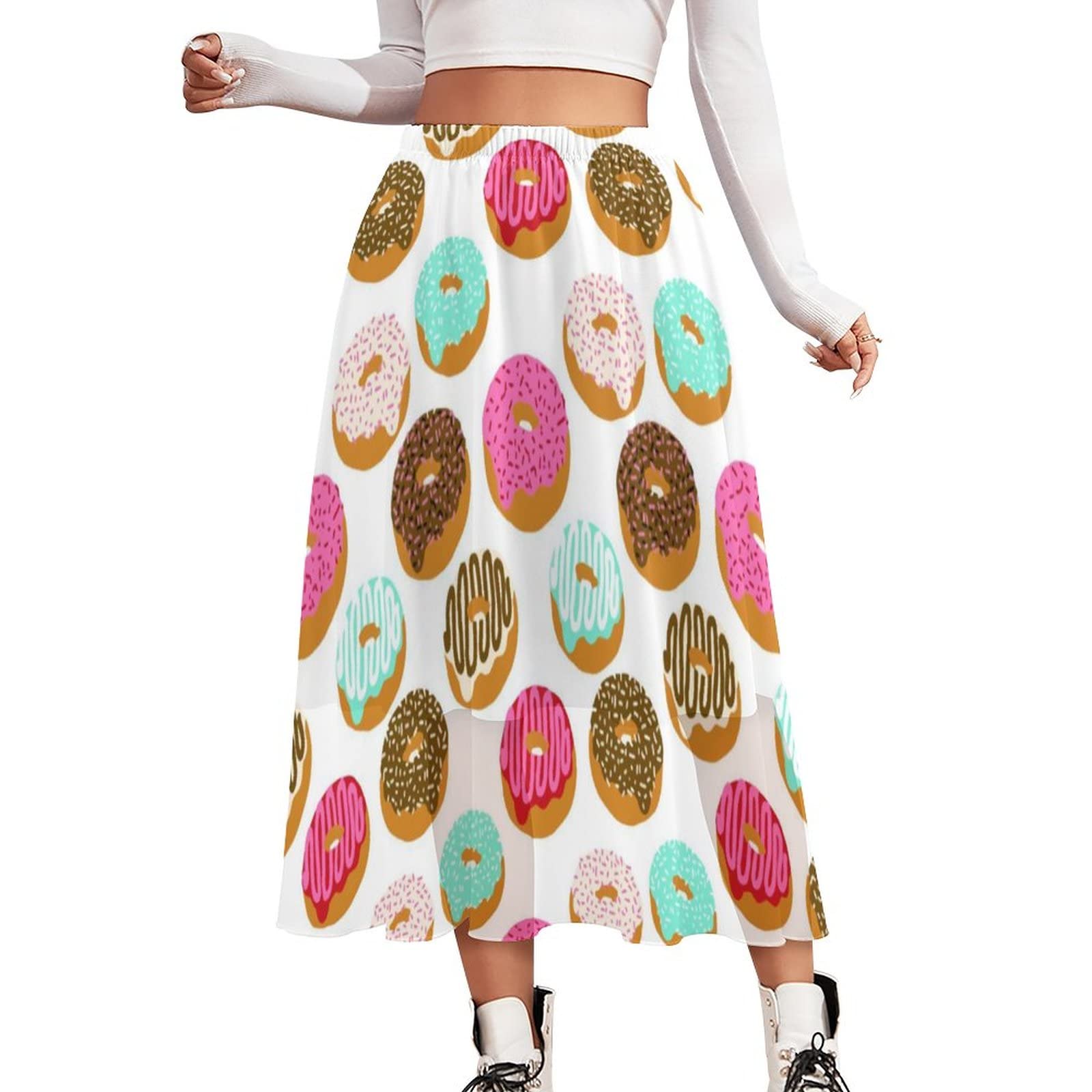 Sweet Donut Print Women's Long Chiffon Maxi Skirt - Double-Layered Flowy Beach Skirt for Casual Wear, Summer Travel & Boho Outfits