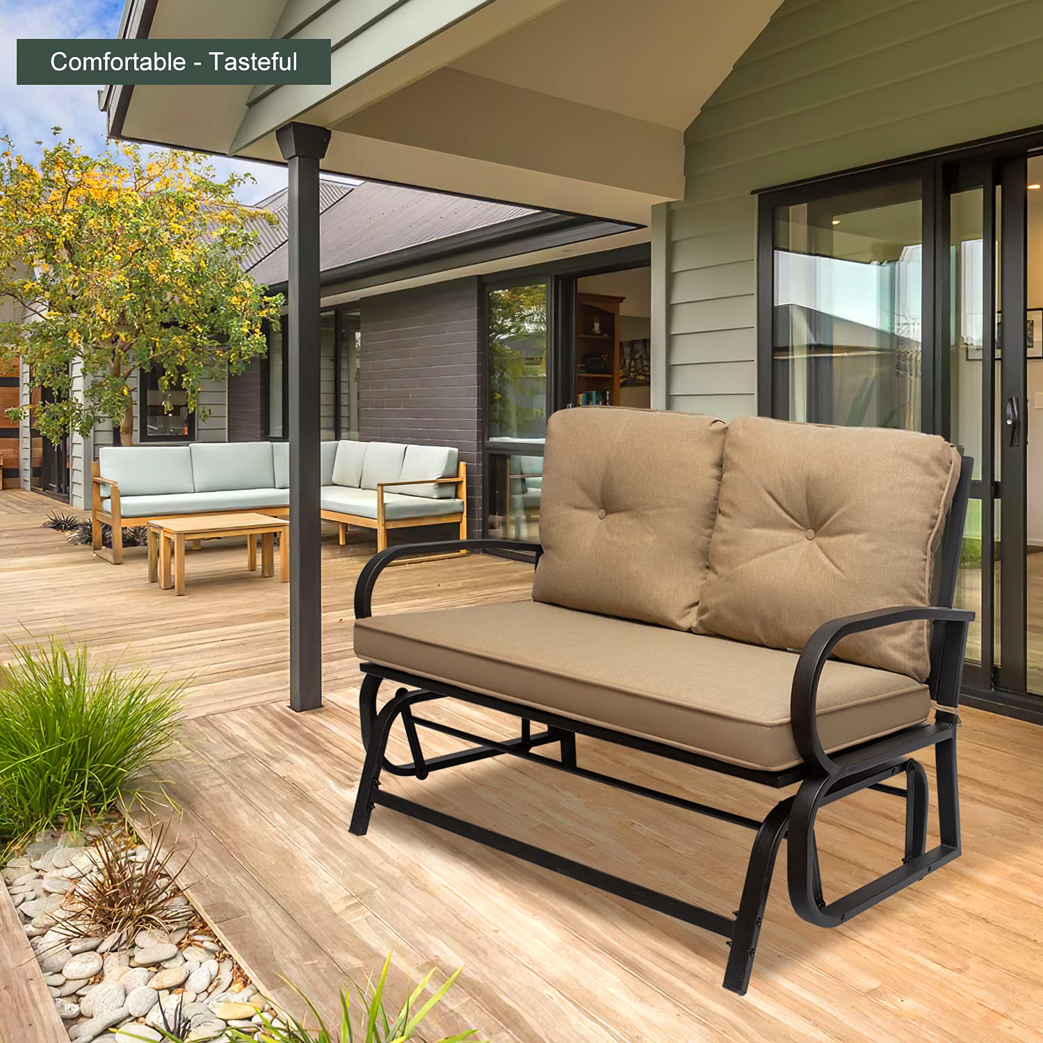 2-Person Outdoor Swing Glider Rocking Chair Set with Cushions - Steel Frame Patio Loveseat Bench for Garden, Porch, Backyard, Poolside & Lawn - Perfect for Relaxing, Sunbathing & Outdoor Entertaining (Khaki)