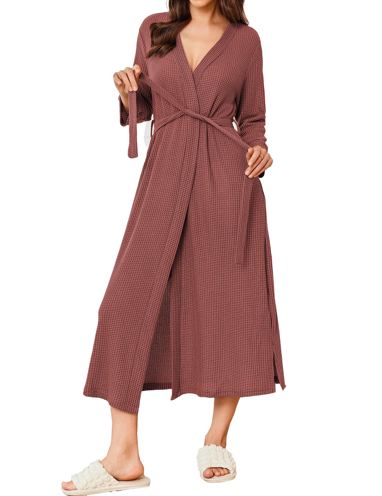 Ekouaer Women's Long Waffle Knit Bathrobe - Lightweight Soft Kimono Robe for Spa, Lounge & Home Wear (Sizes S-XXL) | Cozy Loungewear for Relaxation & Self-Care