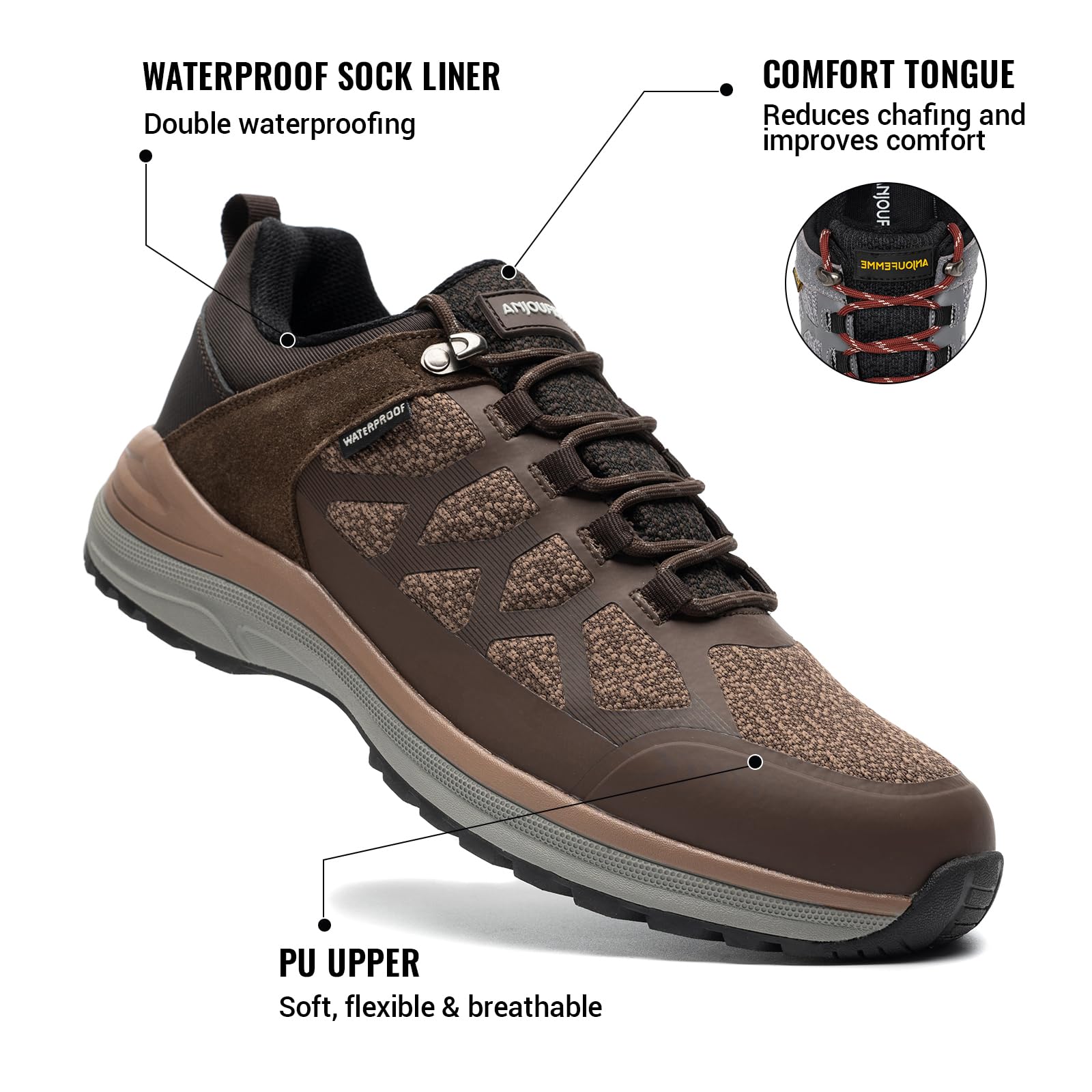 ANJOUFEMME Waterproof Hiking Shoes for Men - Lightweight Breathable Trekking & Trail Running Shoes - Outdoor Adventure, Camping & Backpacking Gear