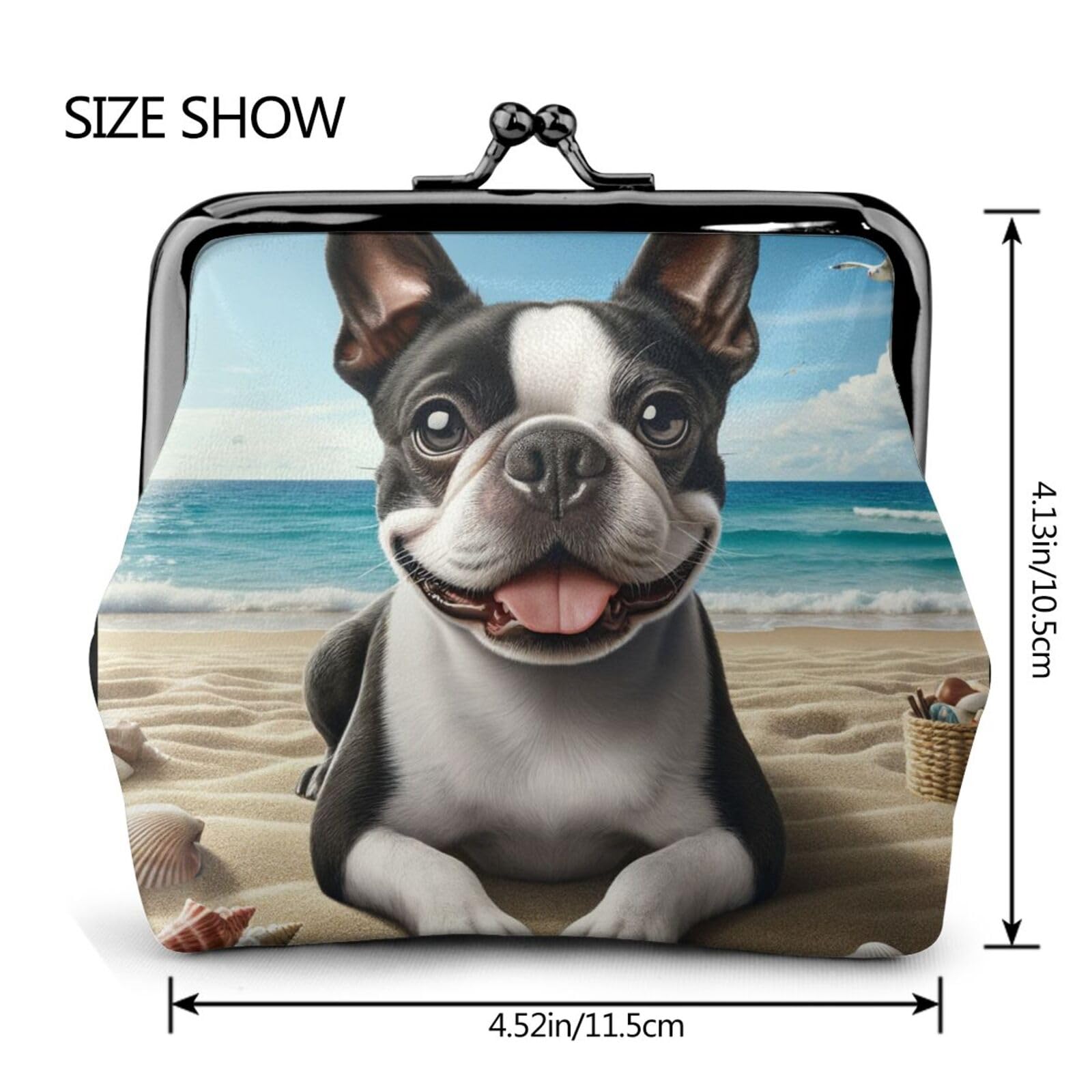 Boston Terrier Beach Themed PU Leather Kiss-Lock Coin Purse - Cute Change Wallet for Girls (Perfect for Beach Trips, Shopping & Gift Giving)