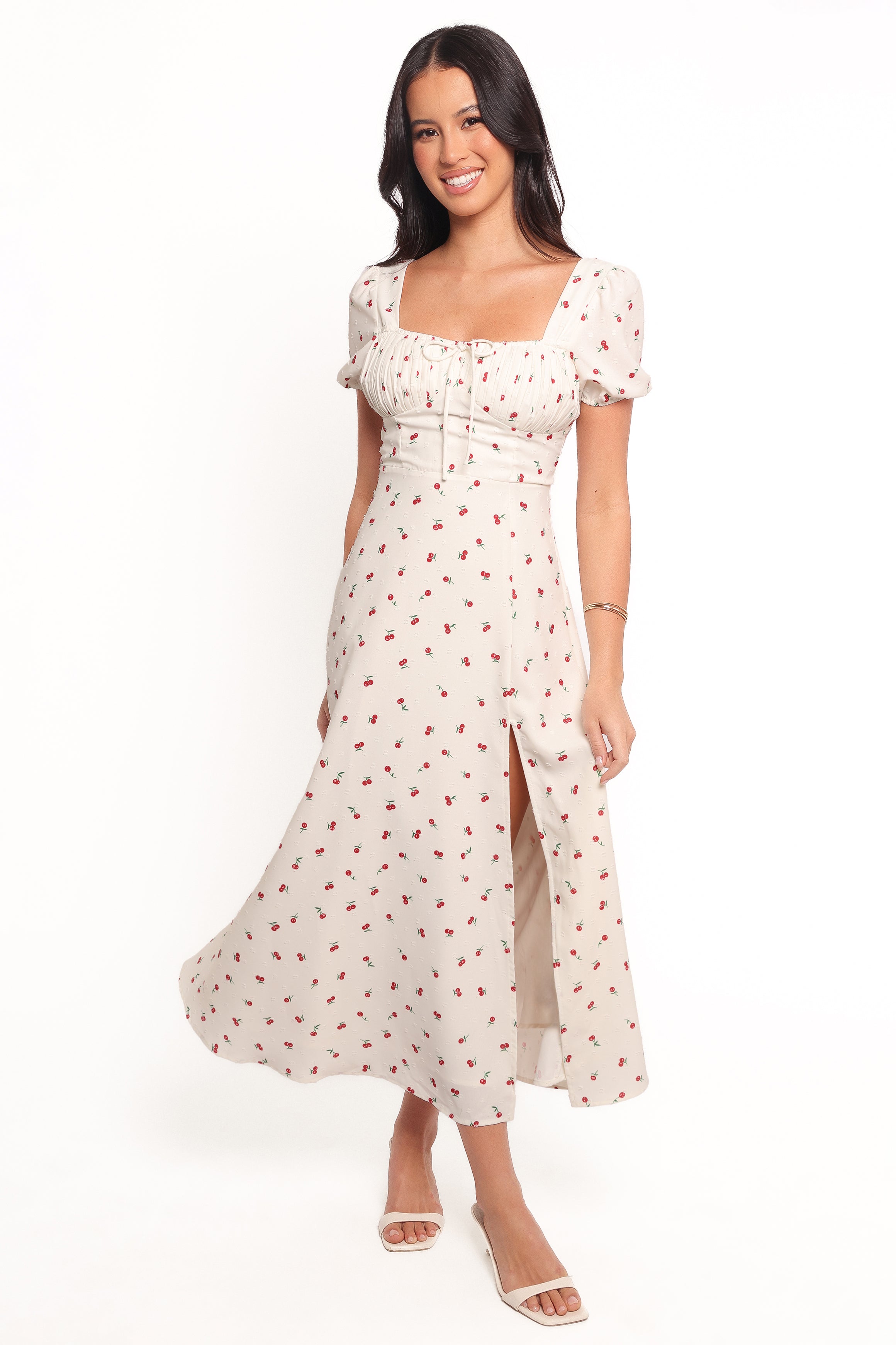 Jill Midi Dress with Cherry Print - Floral Summer Dress for Women, Casual & Party Wear, Perfect for Beach Vacations and Date Nights