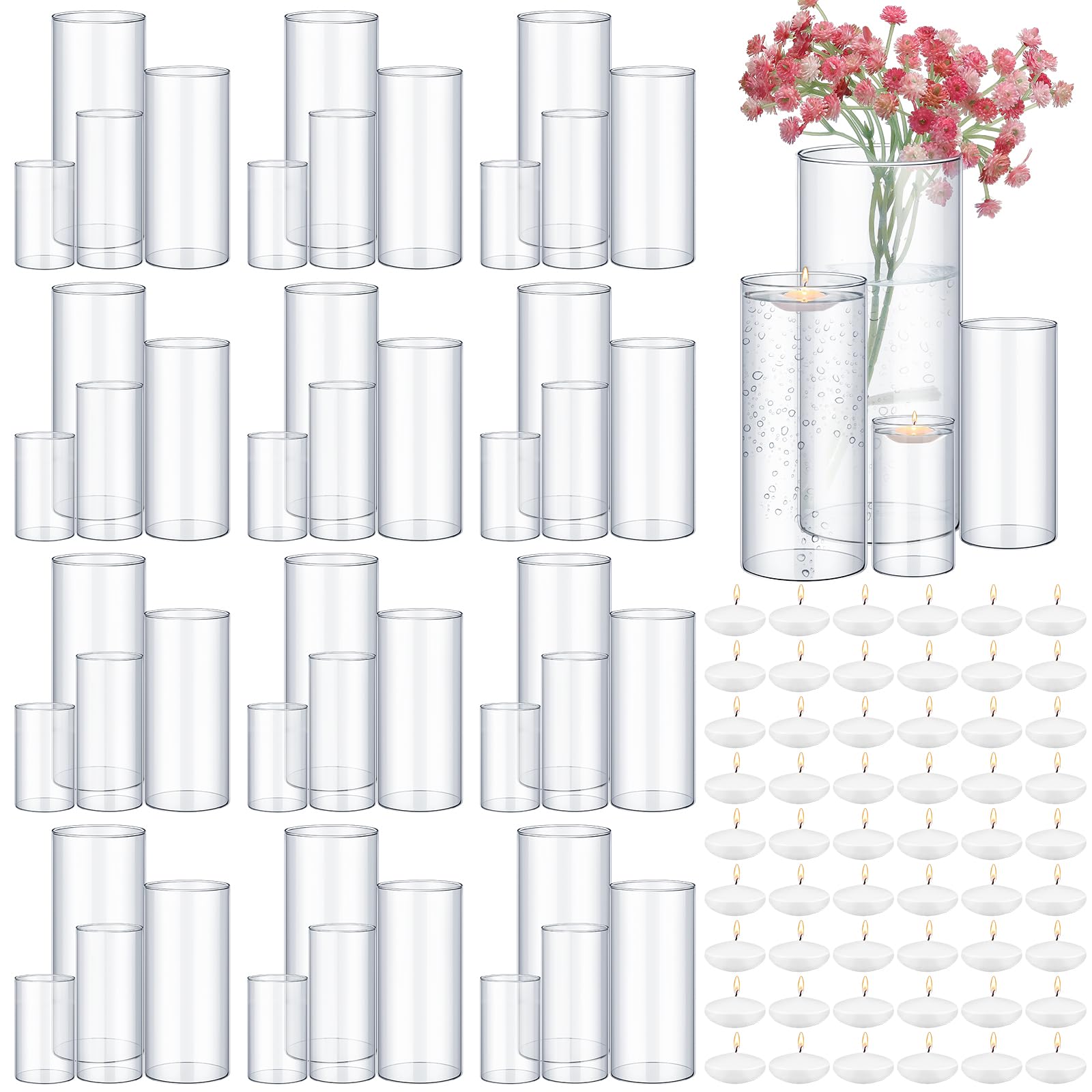 48 Pcs Clear Glass Cylinder Vases Set - 4 Sizes (4/6/8/10 Inch) Round Hurricane Candle Holders with 96 Floating Candles for Wedding Centerpieces, Holiday Decor, Party Events & Home Decoration - Perfect for Table Settings, Floral Arrangements and Romantic Ambiance