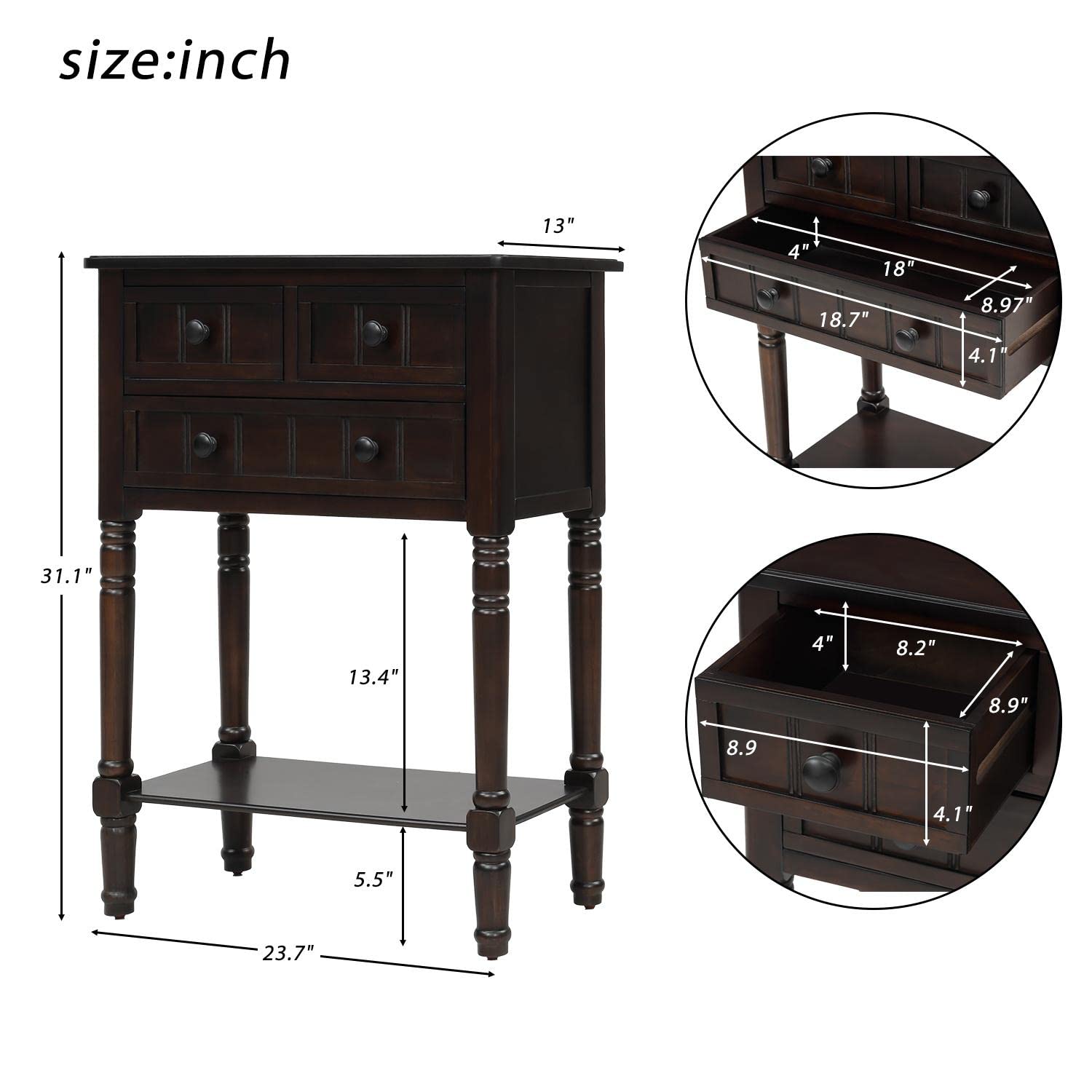JINS&VICO 3-Drawer Console Table with Bottom Shelf - Espresso Entryway Sofa Table for Living Room, Dining Room & Hallway - Perfect for Home Decor, Storage & Display