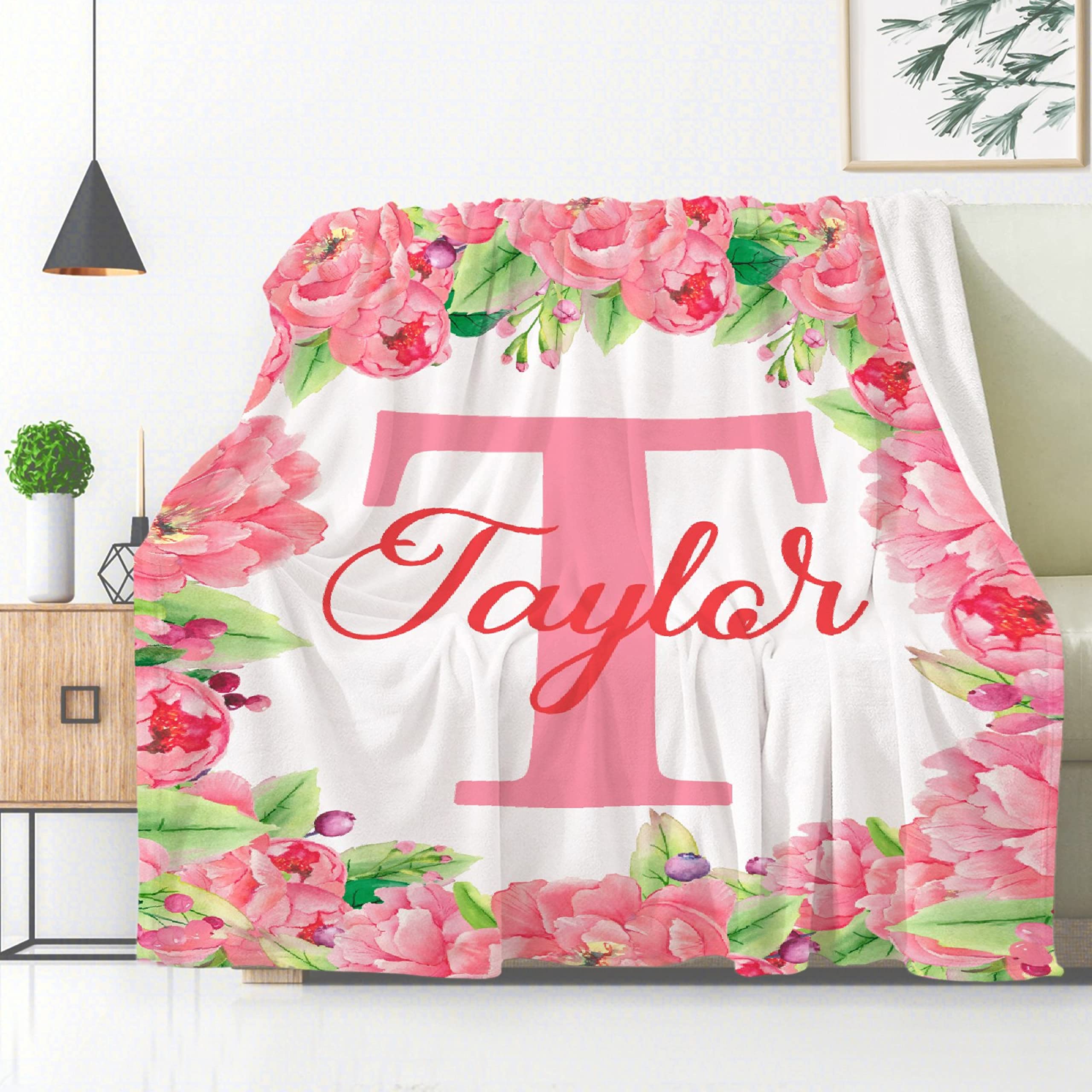 Custom Personalized Baby Name Blanket - Soft Flannel Throw Blanket with Embroidery for Boys & Girls | Pink Peony Design | 90