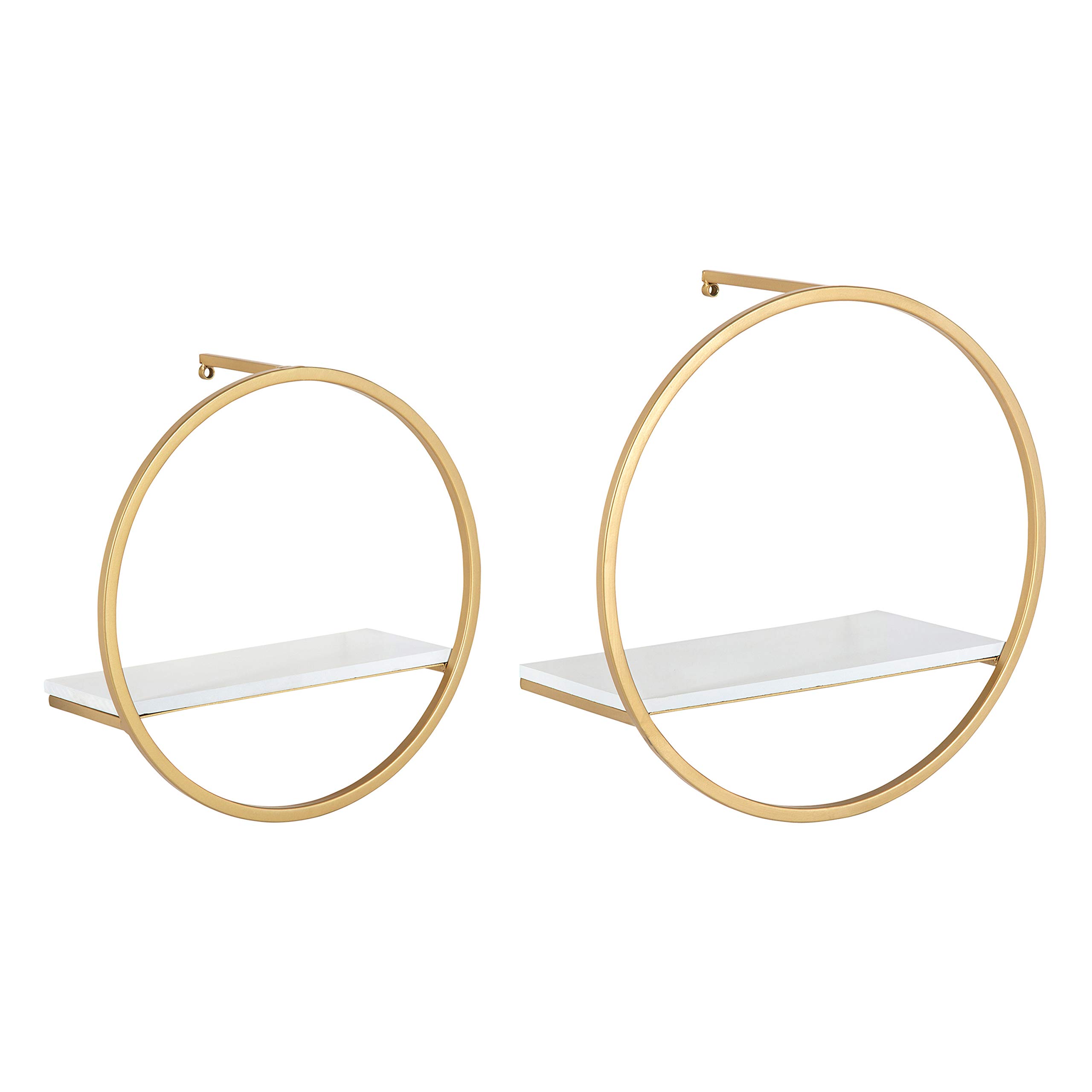 Kate and Laurel Wicks Modern Glam Floating Wall Shelves - Set of 2 Round Gold Metal Frame with White Painted Solid Wood Shelves | Perfect for Living Room, Bedroom Decor & Displaying Photos, Plants, Books